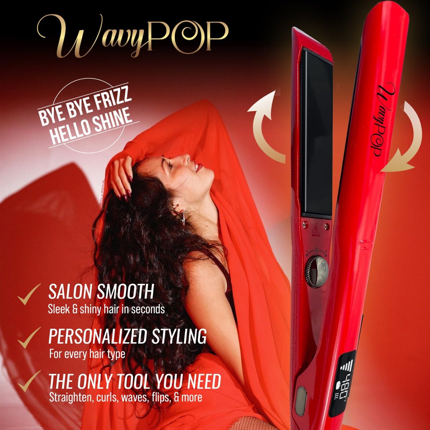 Wavy POP PRO 2 in 1 Titanium Flat Iron Hair Straightener & Curling Wand Red | Professional Straightening Hair Iron with Ceramic MCH Fast Heat, Auto Shut Off | Dual Voltage with Travel Bag