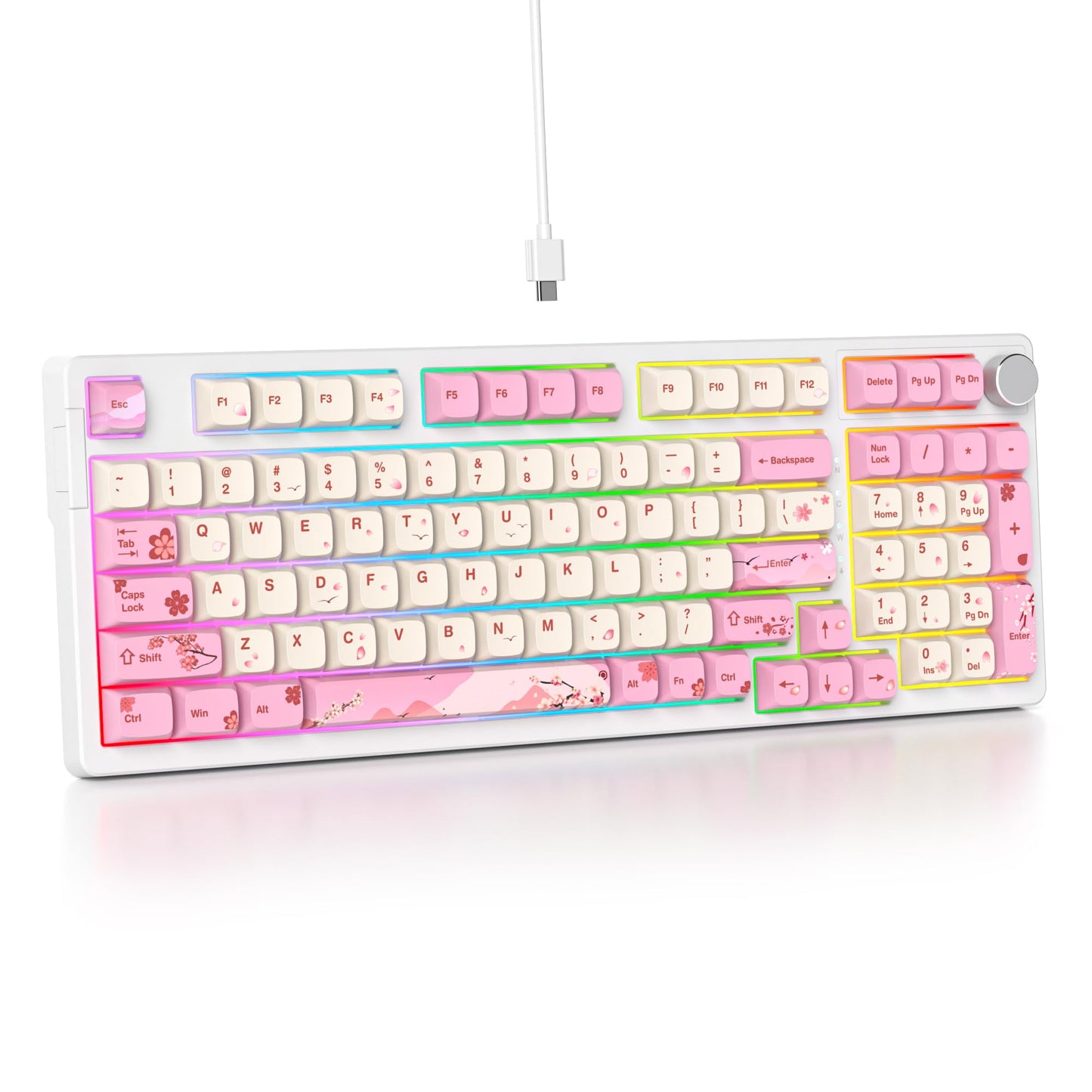 SbocKeeb 96% Wired Mechanical Gaming Keyboard,Gasket Structure RGB Backlit Keyboard,98 Key Hot Swappable Keyboard with Control Knob,NKRO Compact Keyboard with Number Pad for Win/Mac(98 Flower)