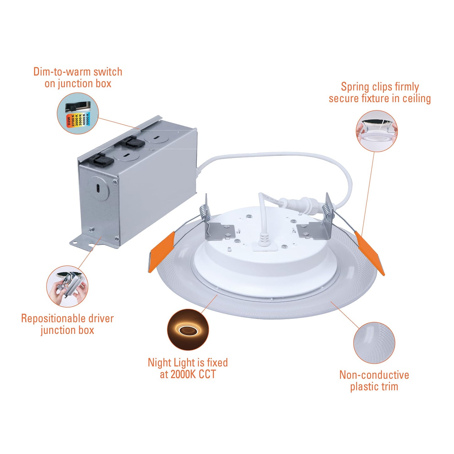 HALO RL 6 in Recessed LED Canless Dual Mode Night Light and Downlight, 1000 Lumens, Selectable CCT 2700K-5000K, Dim to Warm Technology, Matte White - RLNL6109FSD2W1EWHDM