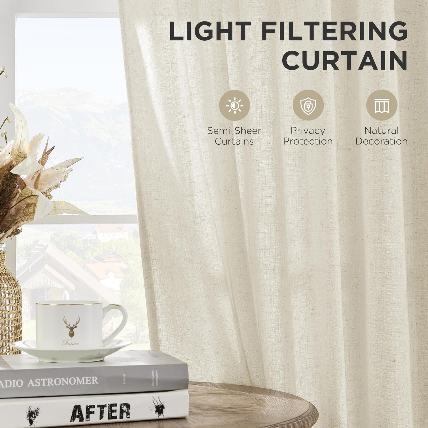 Joydeco Curtains, 108 Inches Long, 2 Panels Set, Farmhouse Drapes for Living Room, Semi-Blackout, Linen-Polyester, Ivory on Linen, Rod Pocket
