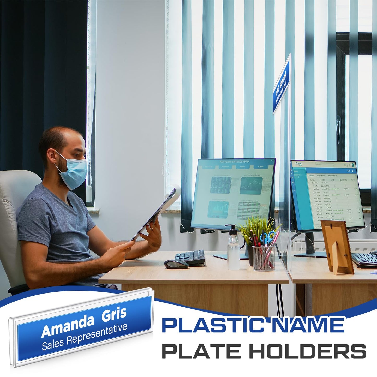 Wonderjune 10 Pack Plastic Cubicle Name Plate Holder 8.5" Wide x 2" High Glass Wall Name Plate Holder Clear Acrylic Sign Display Stand for Home Office Business (Suitable for 1/4" Cubicle Wall)