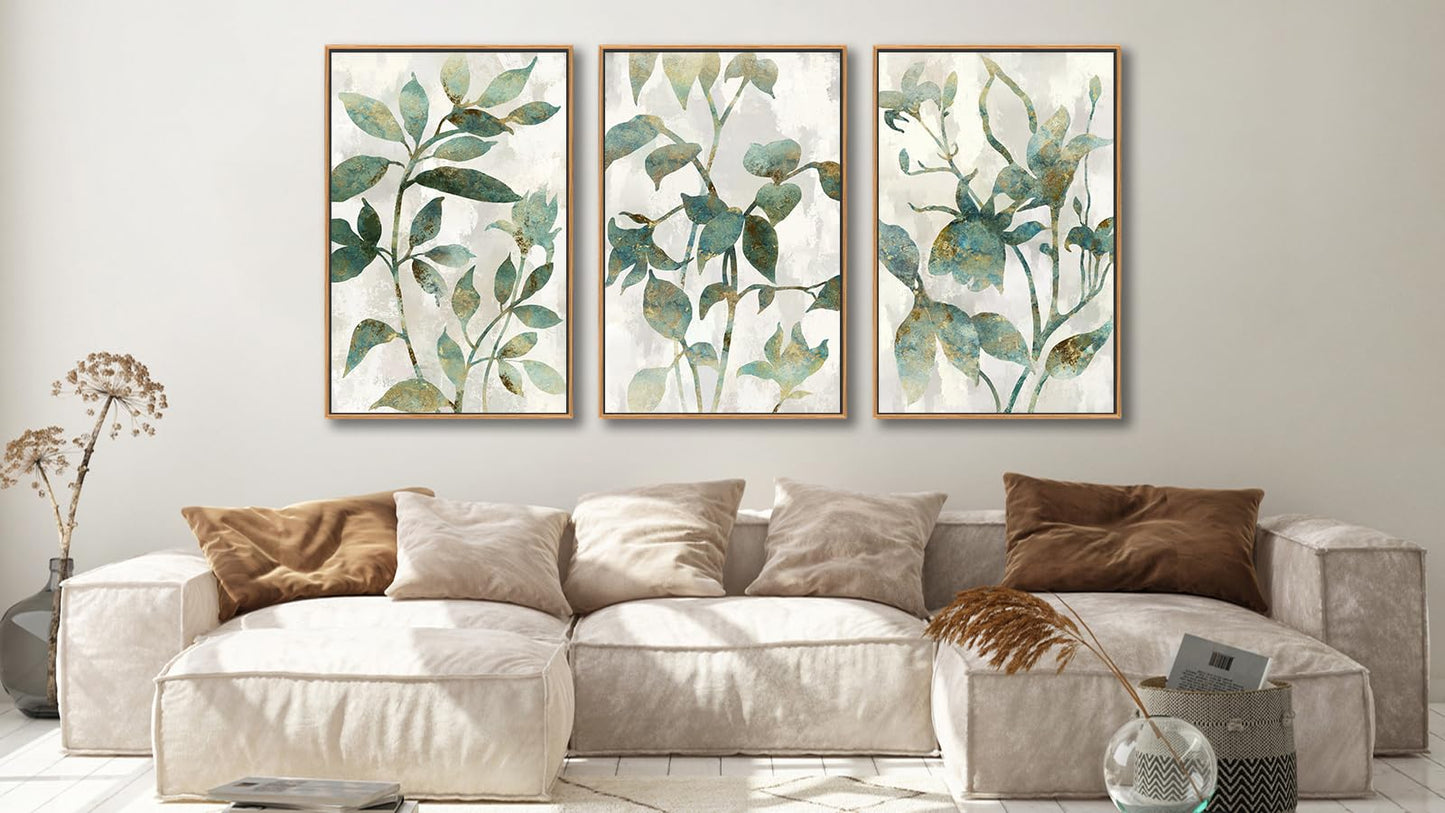 Large Framed Canvas Wall Art - Natural Float Framed Rustic Green Flowers Leaves Pictures Paintings White Grey Artwork Decor for Bedroom Living Room Kitchen Home Office Decoration 48" X 24" Set of 3
