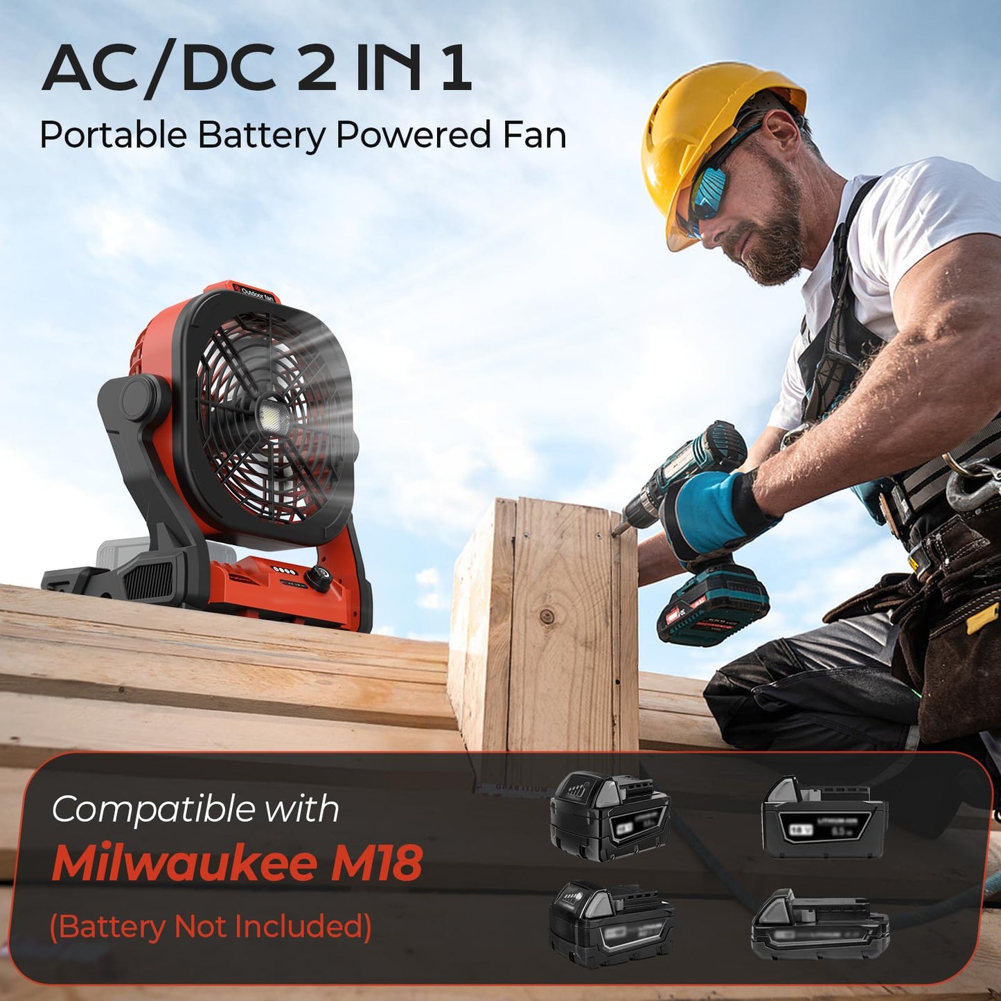 TREXEEN Battery Operated Fan for Milwaukee M18 battery, Portable Fan with AC Adapter & LED Lights, 4 Speeds & Hook, Cordless/Camping/Battery Powered fan, for Outdoor Jobsite (Battery Not Included)