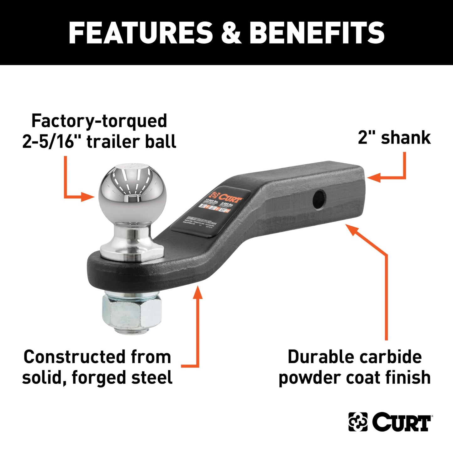 CURT 45331 Trailer Hitch Mount with 2-5/16-Inch Ball, Fits 2-Inch Receiver, 15,000 lbs, 2-In Drop