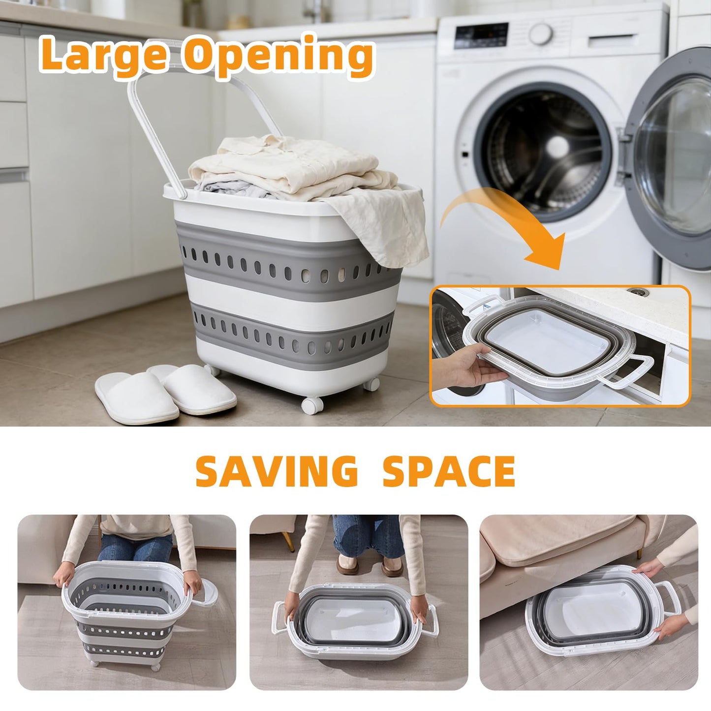 50L Collapsible Plastic Laundry Basket Hamper with Wheels, Foldable Laundry Basket with Handles, Pop Up Storage Container Organizer for Washing Storage