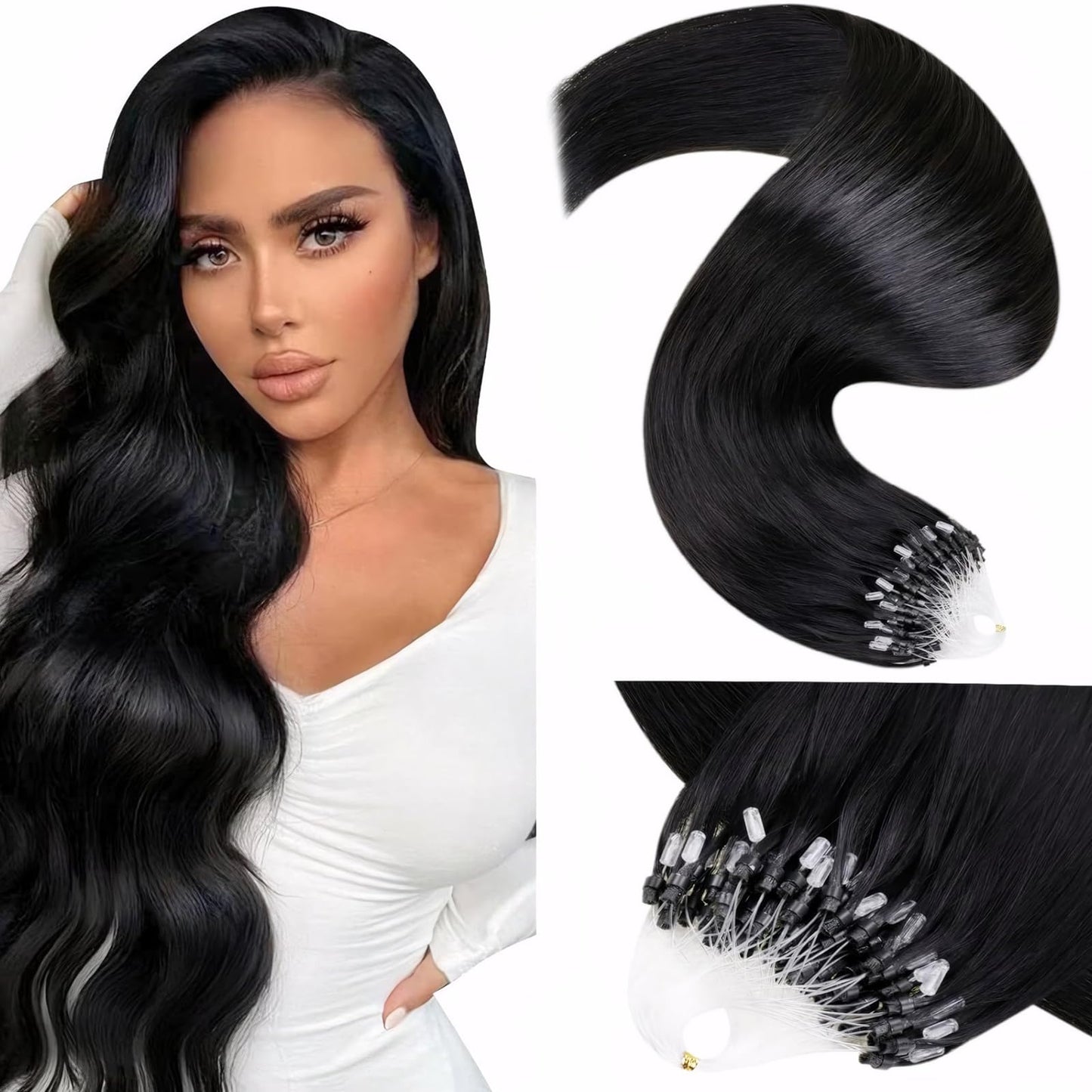 LaaVoo Microlink Hair Extensions Human Hair Black Micro Beads Hair Extensions 20 Inch Jet Black Micro Loop Hair Extensions Real Human Hair Black Micro Hair Extensions Human Hair 50g 50s