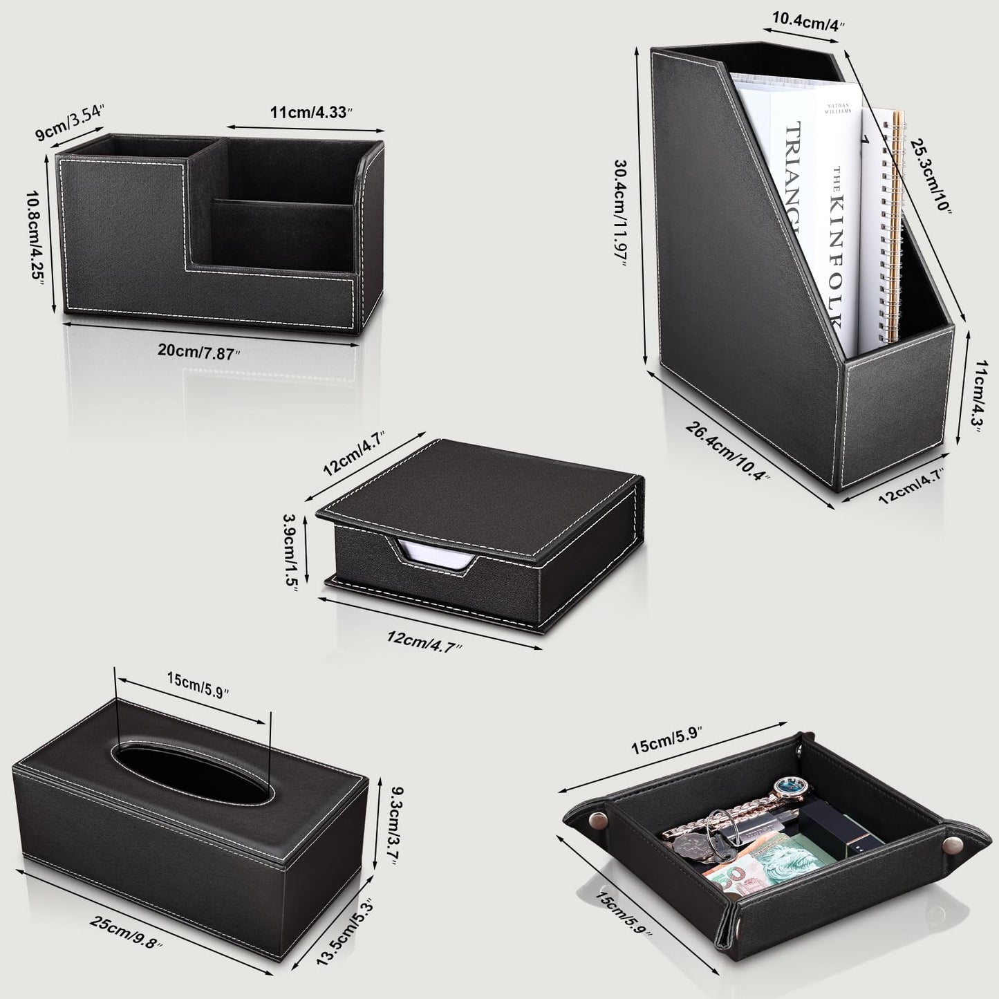 KINGFOM 5 PCS/SET Pu Leather Desk Organizer File Holder Accessories, Magazine Storage Rack+Desktop Pen&Pencil Holder+Tissue Box Cover+Leather Jewelry Accessories Tray