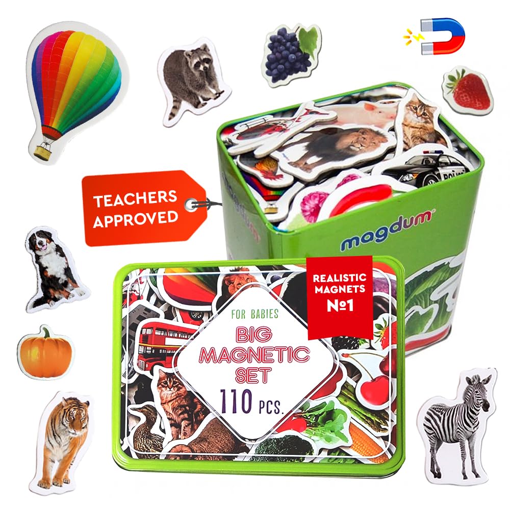 Kids Animal Fridge Magnets - 110 Pcs in Gift Tin Box - Magnetic Animals for Toddlers