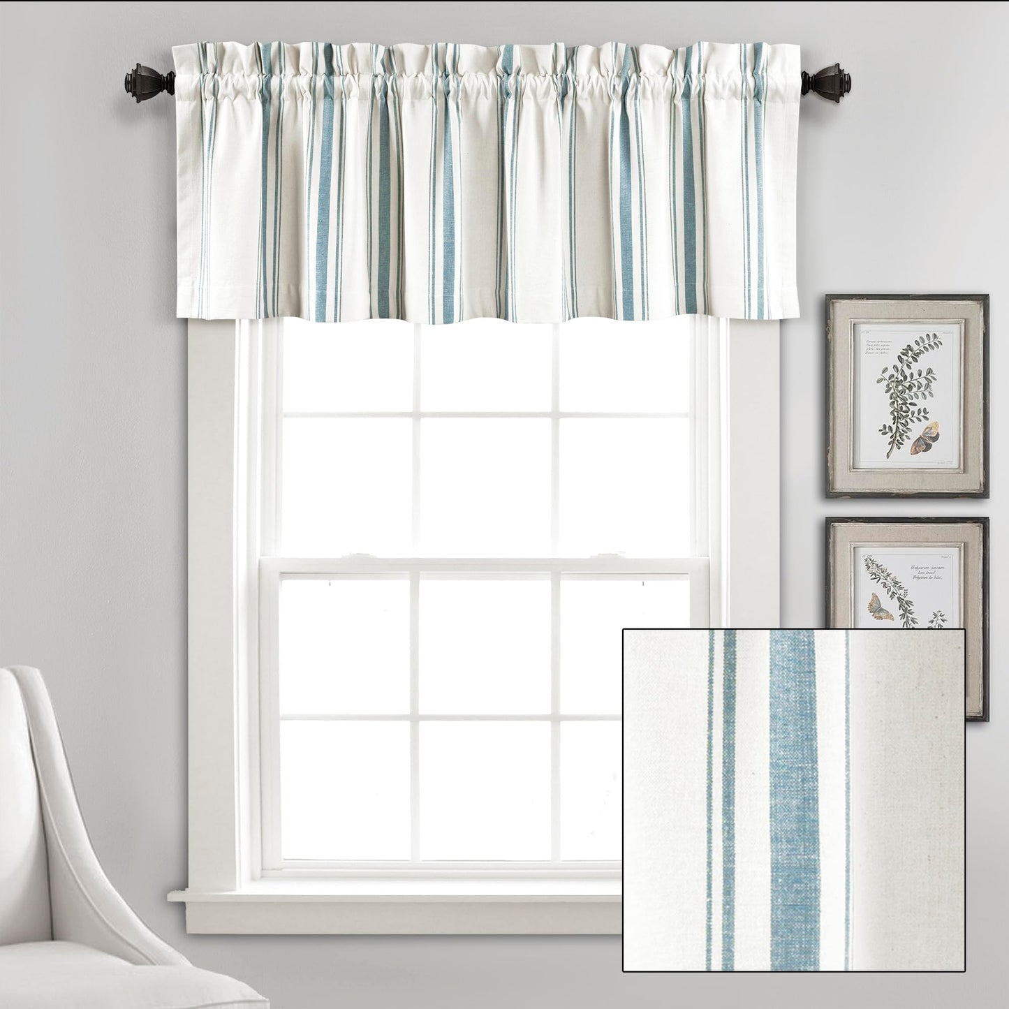 Lush Decor Farmhouse Stripe Yarn Dyed Recycled Cotton Window Curtain Valance, 18" L x 52" W, Blue - Classic Modern Rustic Charm - Eco Friendly Cotton Fabric