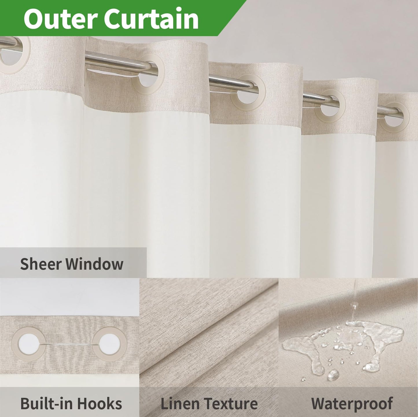 eachope Stall No Hooks Needed Linen Textured Shower Curtain with Snap-in Fabric Liner Set,Hotel Luxury Decor Shower Curtains for Bathroom,Waterproof & Washable,60Wx74H,Cream