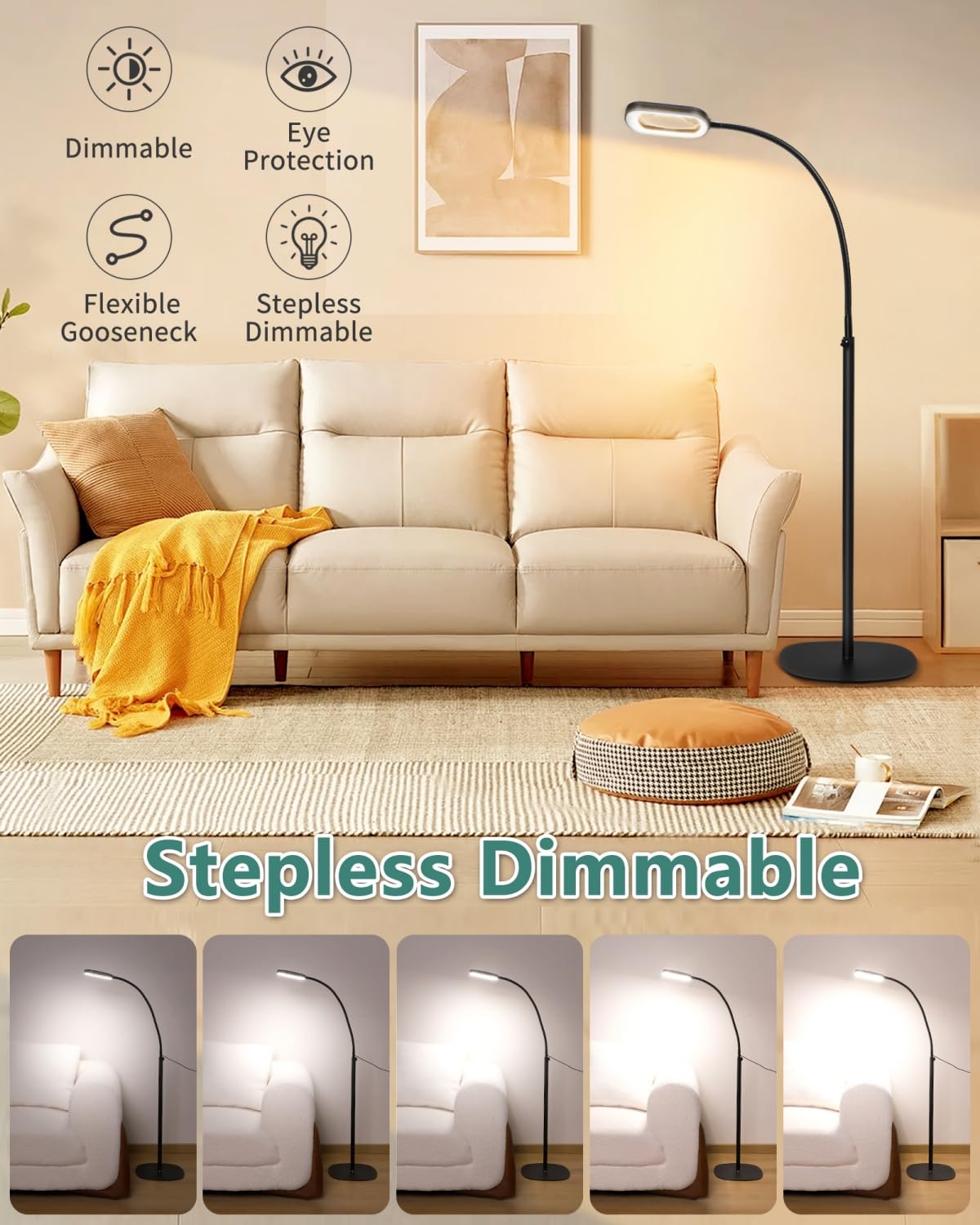10X Rectangle Magnifying Glass with Light and Stand, 24" Flexible Gooseneck 3-in-1 Floor Lamp, 5 Color Modes Stepless Dimmable, LED Lighted Hands Free Magnifier for Reading Crafts Painting Close Work