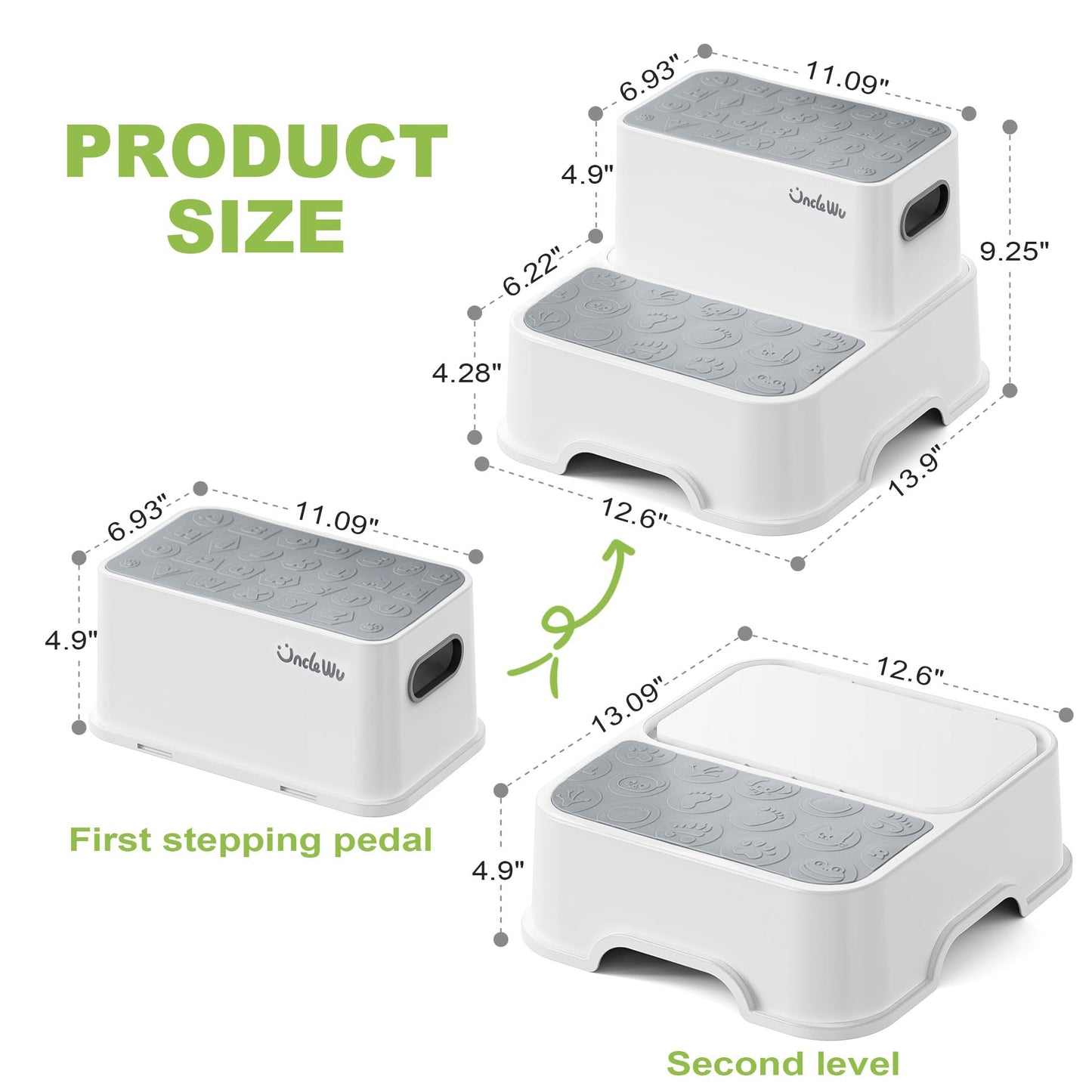 2-Pack Step Stool for Kids – Non-Slip Toddler Step Stool for Bathroom Sink & Potty Training – Heavy Duty 200 lbs, Includes Faucet Extender & Duck Bath Toys (Gray White)