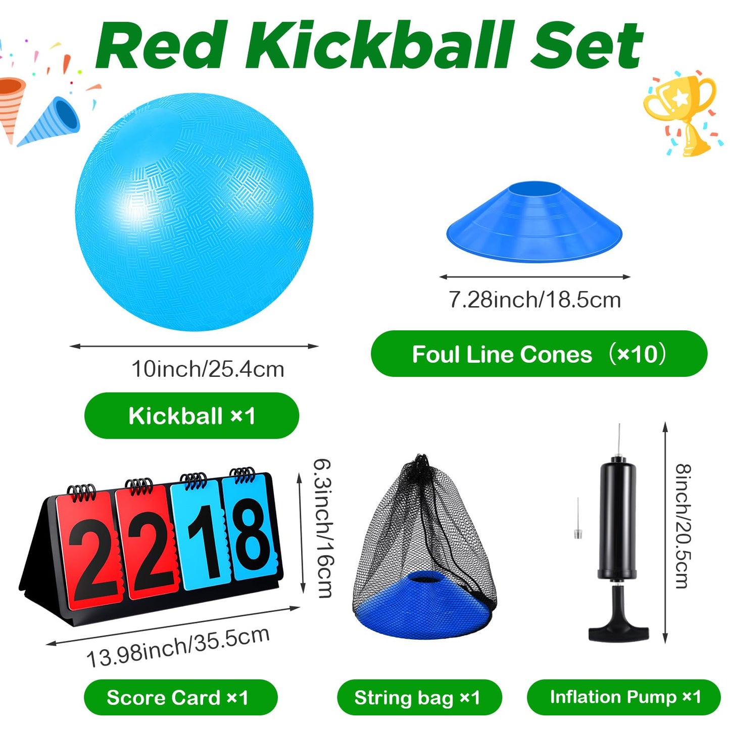 Jenaai 18 Pcs Sports Kickball Set Includes 10 Inches Playground Ball 5 Rubber Throw Down Bases Ball Pump Scoreboard Net Bag 10 Foul Line Cones for Kids Adults Playground School Backyard Game (Blue)