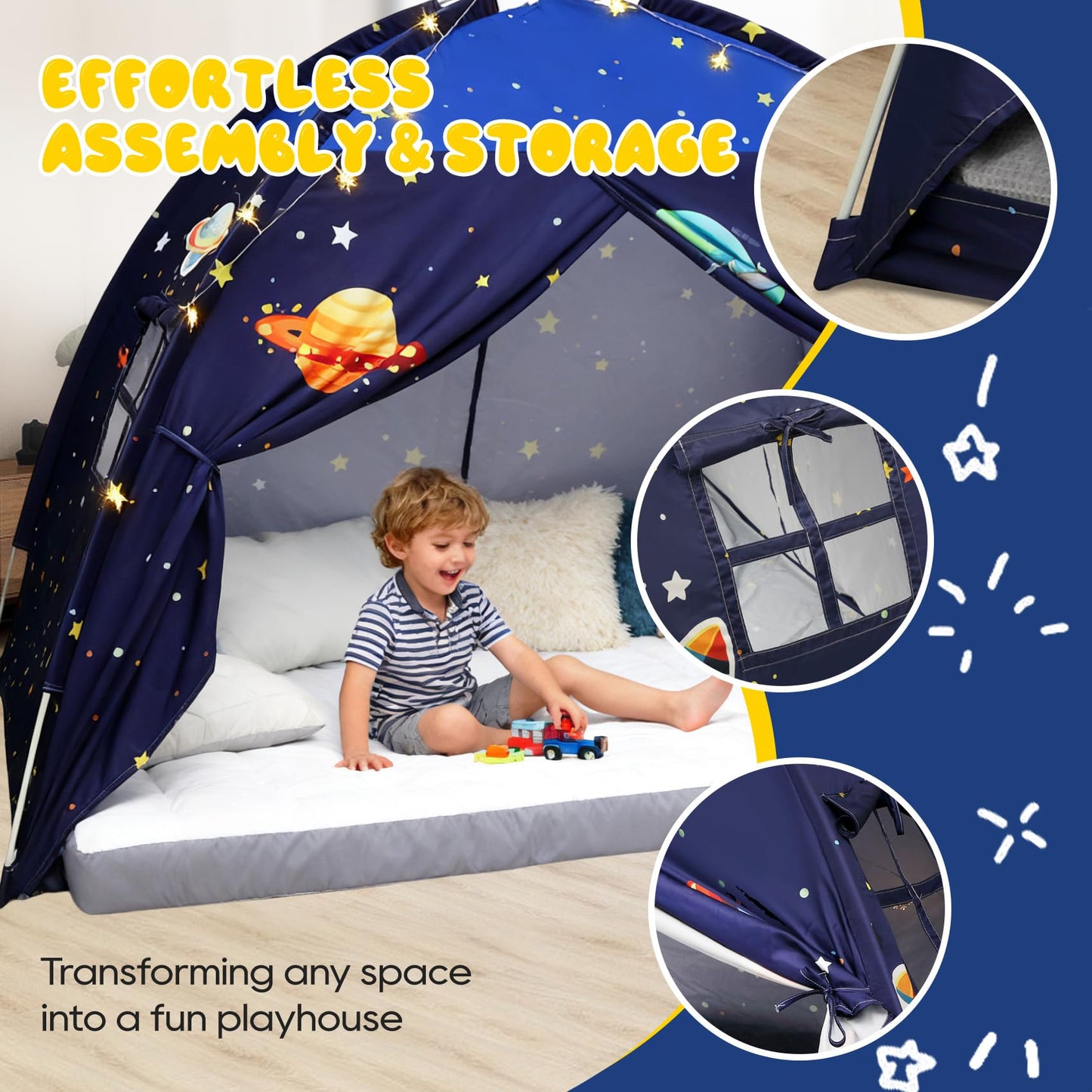 Redants Twin Bed Tent Canopy, Space Indoor Blackout Privacy Toddler Bed Tent for Kids with Light, Portable Sleeping Floor Kids Playhouse (Blue, Twin Size)
