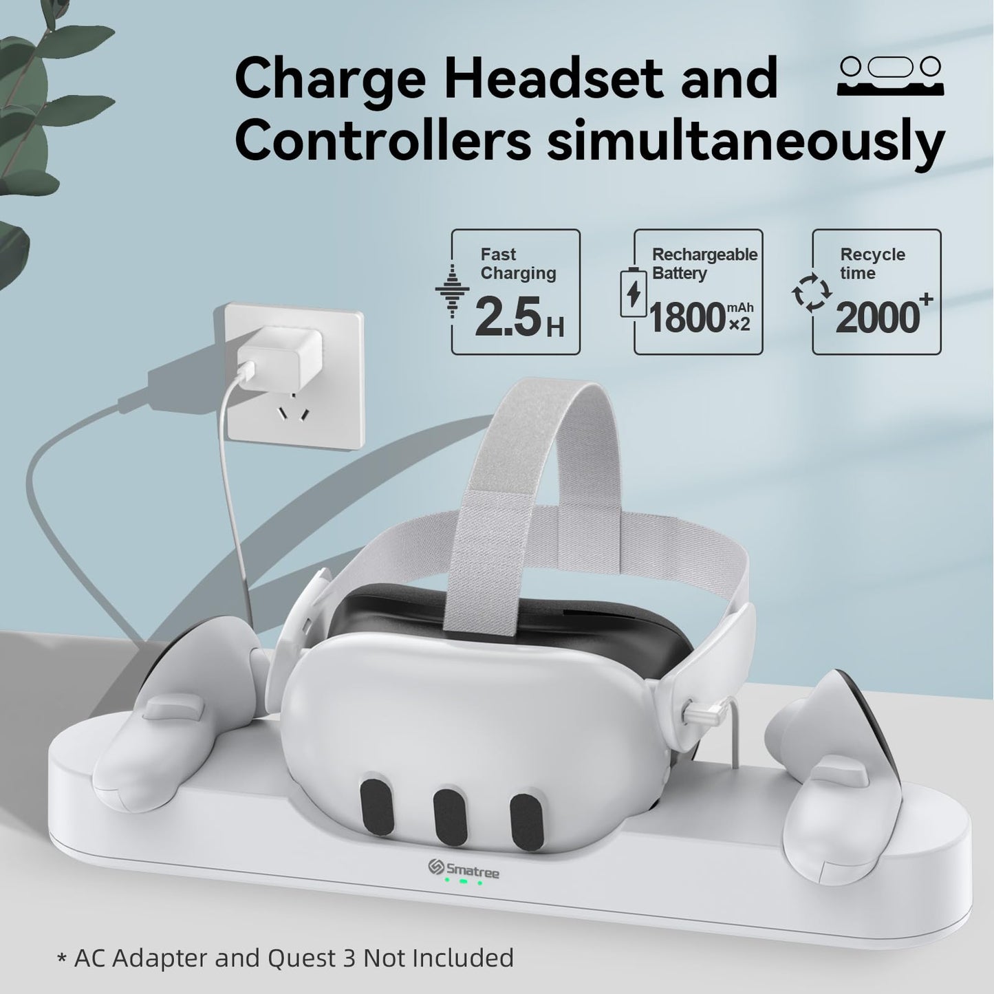 Smatree Charging Dock Compatible for Meta Quest 3S/Quest 3,Charge Controllers and Headset Simultaneously, VR Charging Station with LED Light, with 2 Rechargeable Controller Batteries(NO Adapter)