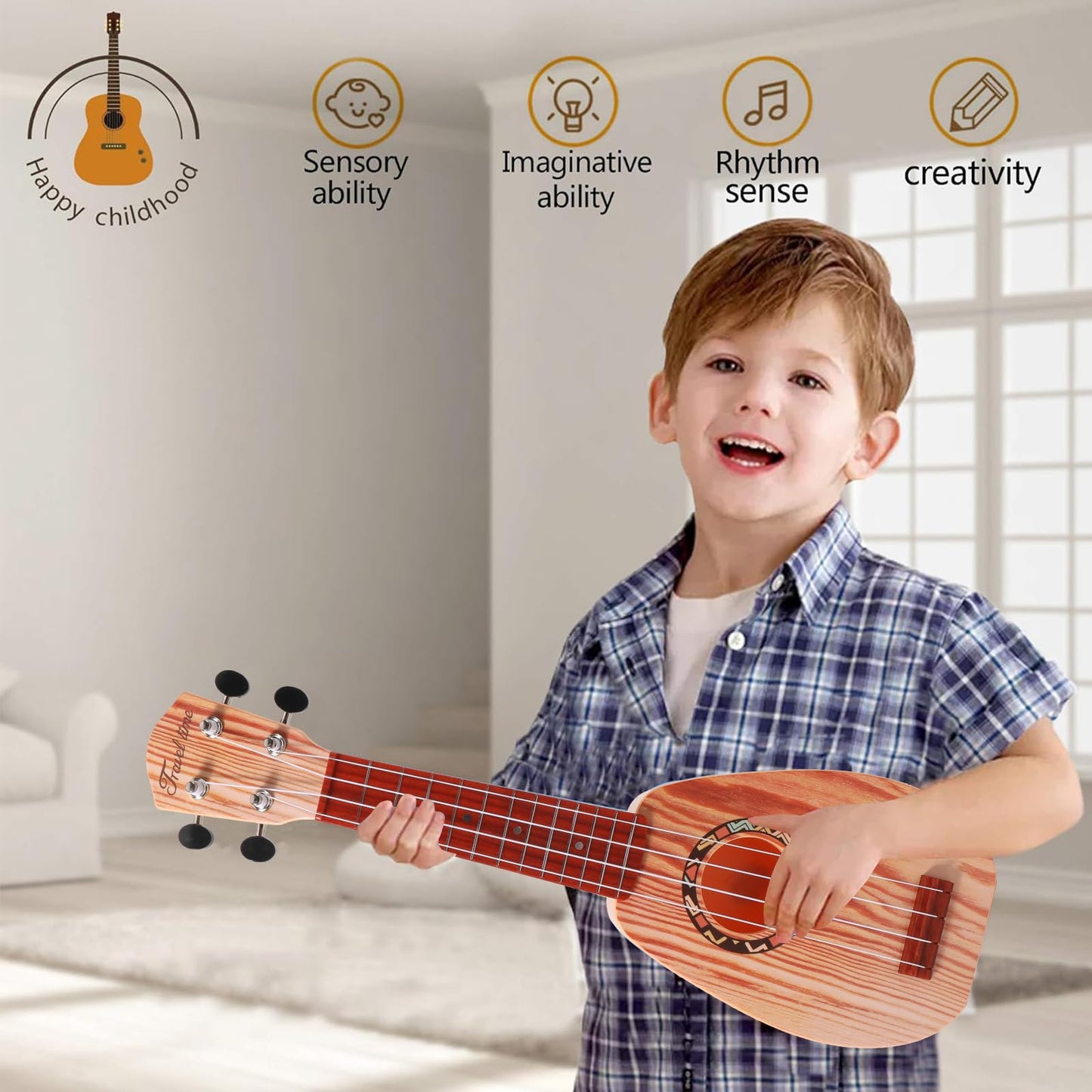 17" Mini Guitar Ukulele Toy for Kids 4 Strings Keep Tones Can Play Not Electronic Ukulele Children Musical Instruments Educational Toys with The Picks and Strap for Beginner Starter (Light Color)