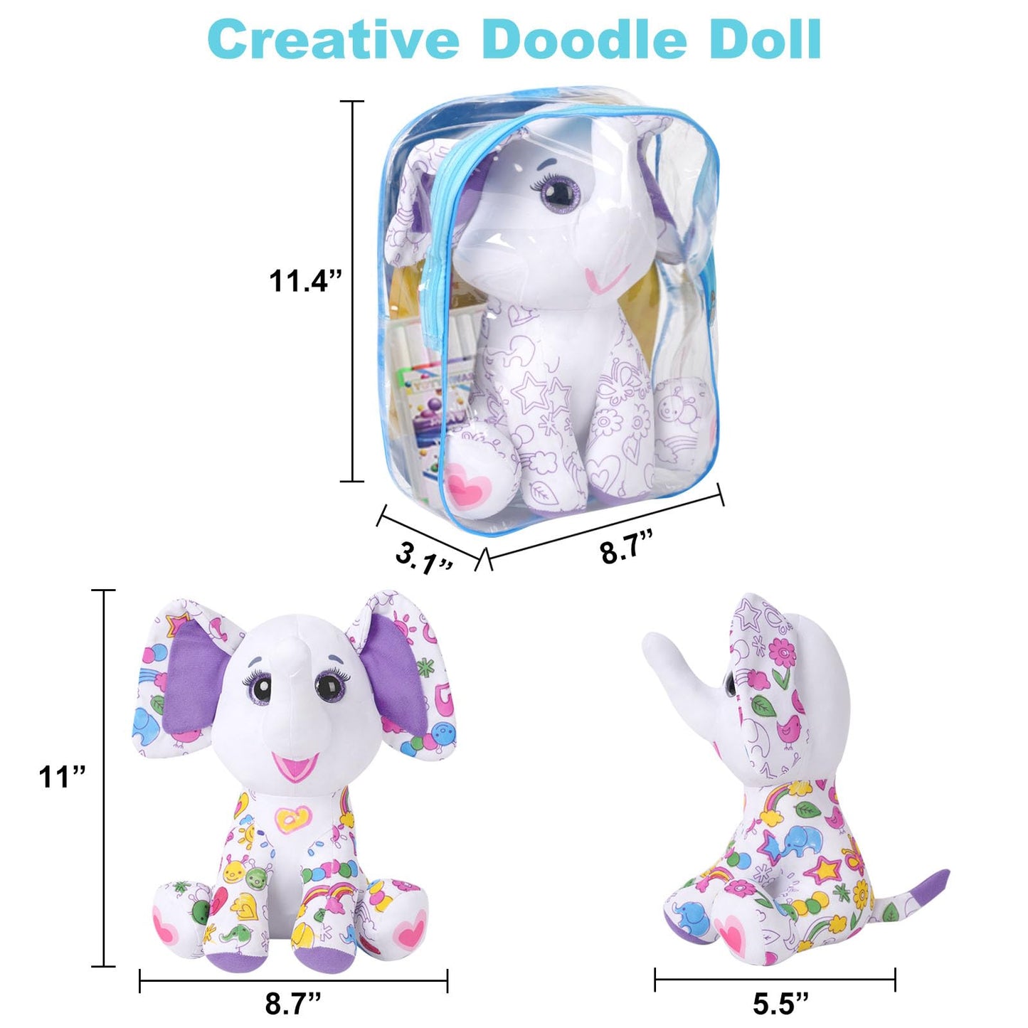 DIY Coloring Plush Toy with Washable Markers, Scribble Pets Stuffed Animal, Doodle Dolls Art Toy for Boys and Girls Ages 3-8, Birthday Gift (Elephant)