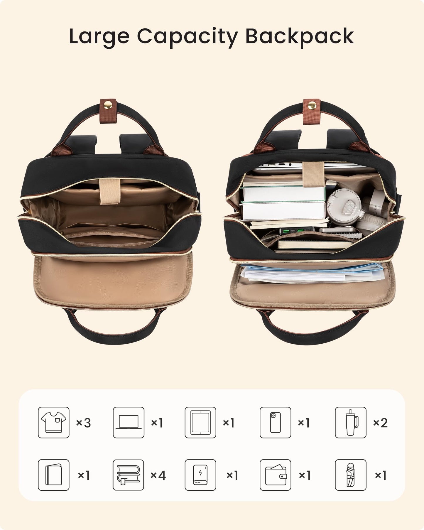 LOVEVOOK Laptop Backpack for Women with Giant Tumbler Holder Pocket, 17 inch Large Travel Work Backpack Purse for Teacher Nurse, Waterproof College Book Bag Cute Casual Daypack, Beige-Black-Brown