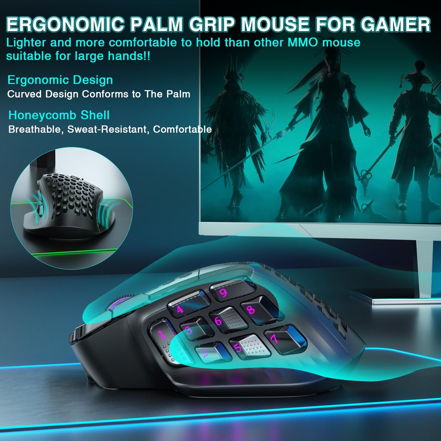 SOLAKAKA SM809 Pro Wireless MMO Gaming Mouse with 9 Side Buttons,24000 DPI,Triple Connectivity (2.4G/BT/Wired) RGB MMO Mouse for Gamer,16 Programmable Macros,Up to 350H Battery Life,Black