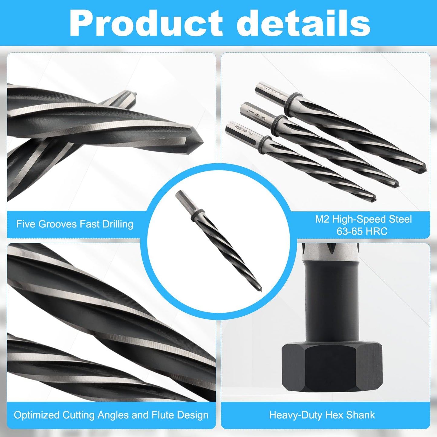 Rocaris 5 Pcs M2 HSS Taper Chucking Reamer Drill Bit, 3/8", 1/2", 5/8", 3/4", 13/16", Taper Reamer Drill Bit for Steel, Alloy, Aluminum, Wood, Plastic