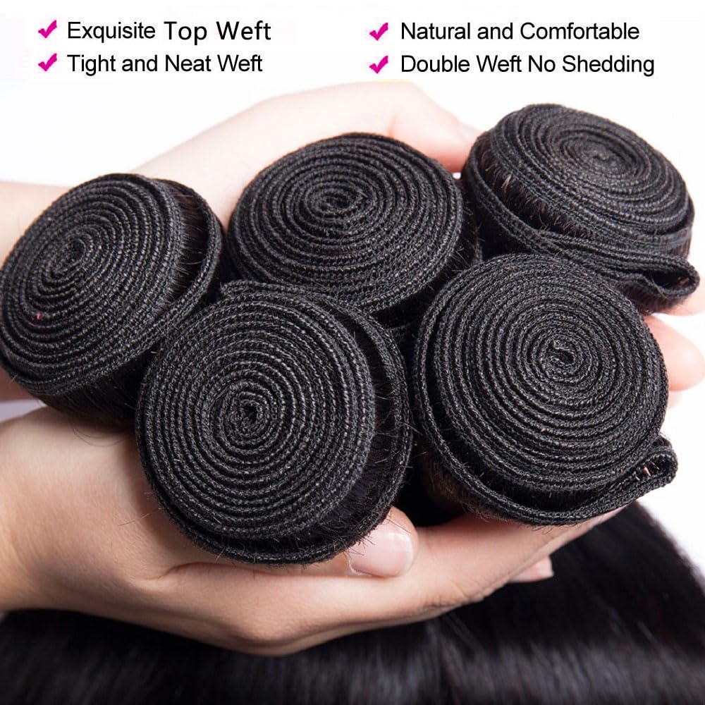 10A Brazilian Straight Human Hair 3 Bundles with Closure 10 12 14+10 Inch 100% Unprocessed Straight Virgin Hair Weave Bundles Human Hair with 4x4 HD Lace Closure