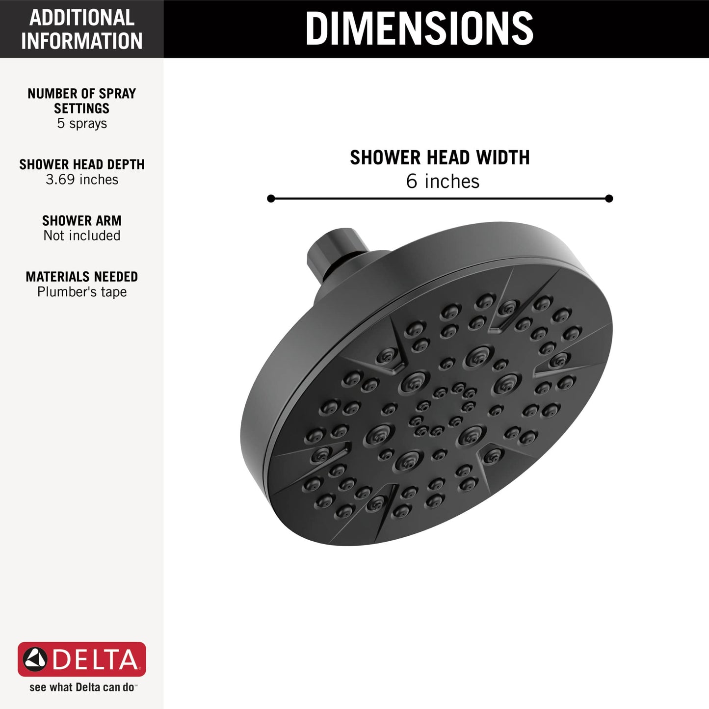 Delta 6-Setting Matte Black Shower Head with High Pressure Spray, 6 Inch Round Shower Head, Showerheads, 1.75 GPM Flow Rate, Matte Black 52535-BL