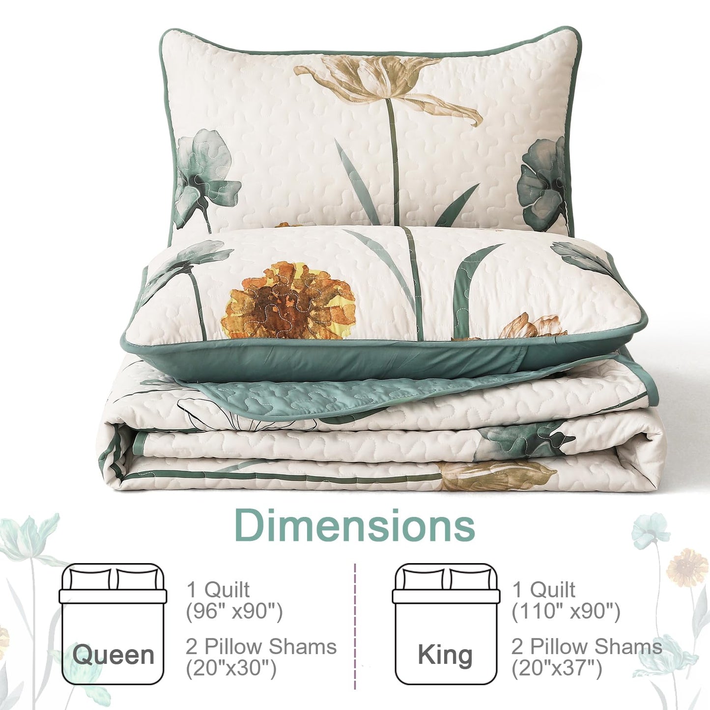 WONGS BEDDING Floral Quilt Set Queen,Green Yellow Floral Botanical Bedspread Bedding Set with 2 Pillowcase,Spring Summer Lightweight Farmhouse Coverlet Set for All Season (96"x90")
