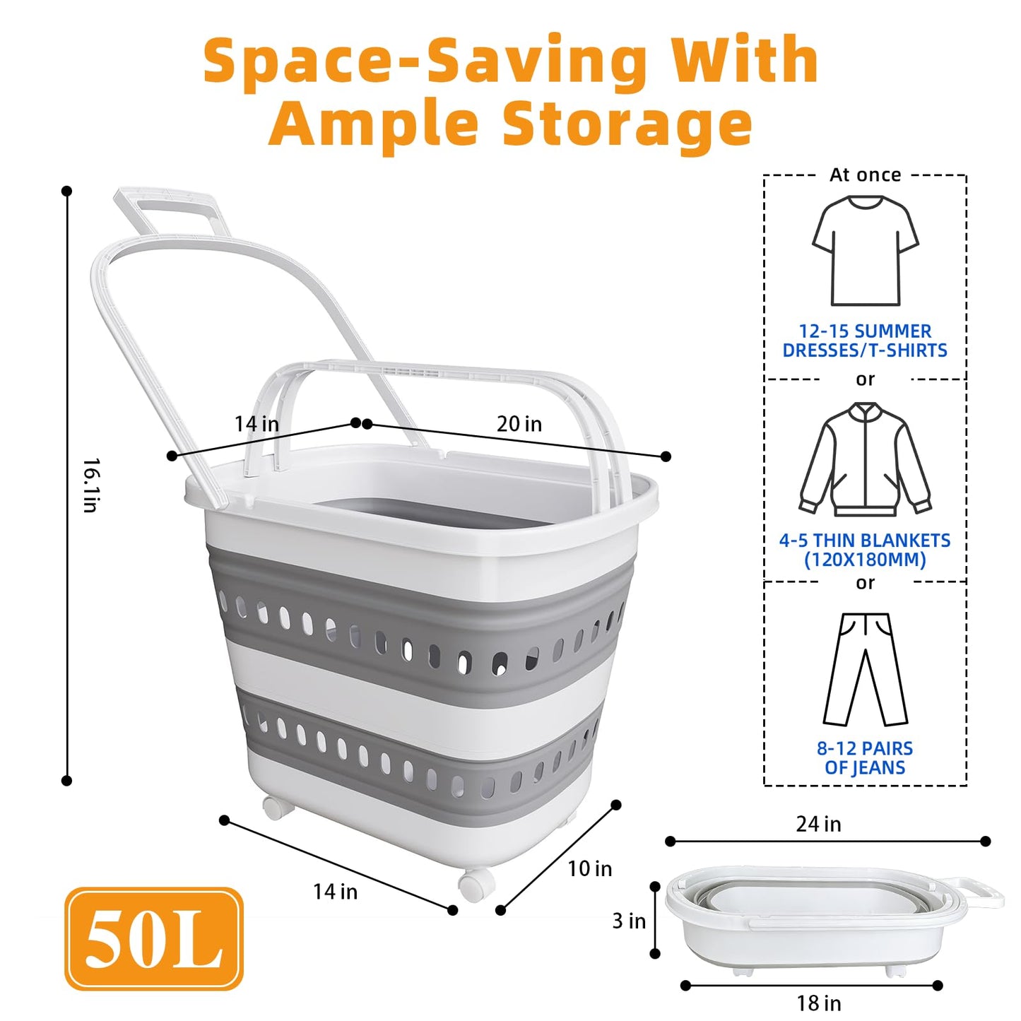 50L Collapsible Plastic Laundry Basket Hamper with Wheels, Foldable Laundry Basket with Handles, Pop Up Storage Container Organizer for Washing Storage
