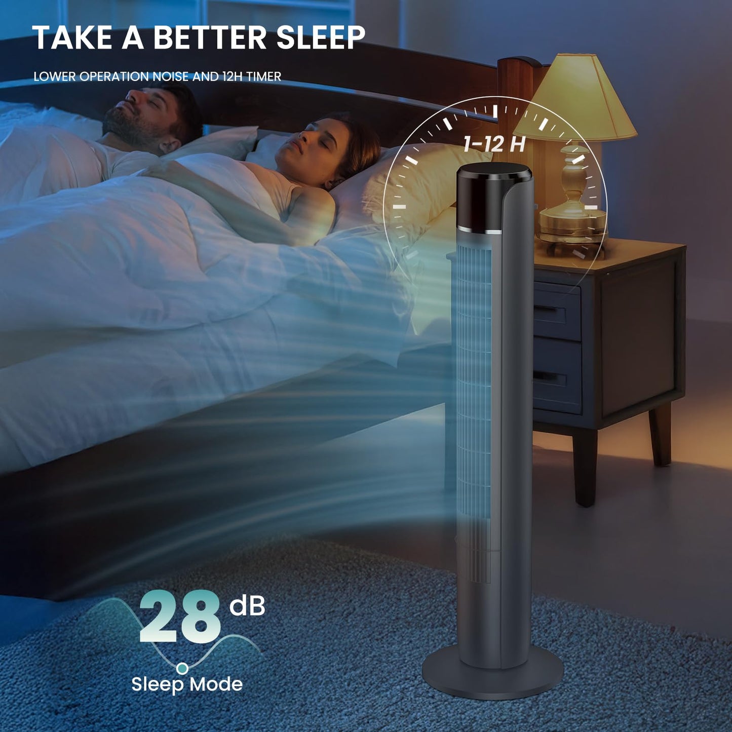 KMFurnila Tower Fan for Bedroom, 36 Inch Bladeless Floor Fan with Remote, 60° Oscillating Electric Standing Fan, 5 Speeds & 4 Modes, 12H Timer, 28dB Quiet, 25ft Airflow for Home, Office, Indoor Use