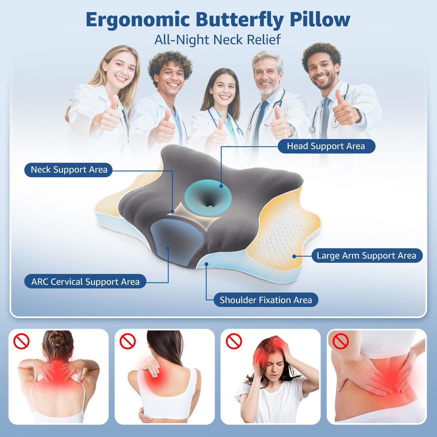 Cervical Pillow for Neck Support: Contour Memory Foam Pillow for Side Back Stomach Sleepers - Ergonomic Neck Pillow with 2 Heights & Widened Armrest Design