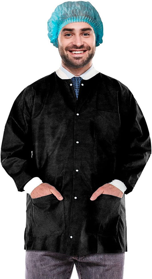 Amazing Supply Disposable Lab Jackets, 29'' Long. 10Pack Black Hip-Length Work Gowns| SMS 50 gsm Shirts with Snaps Front, Knit Cuffs & Collar, 3 Pockets. Unisex PPE Body Protective Short Coats, Small