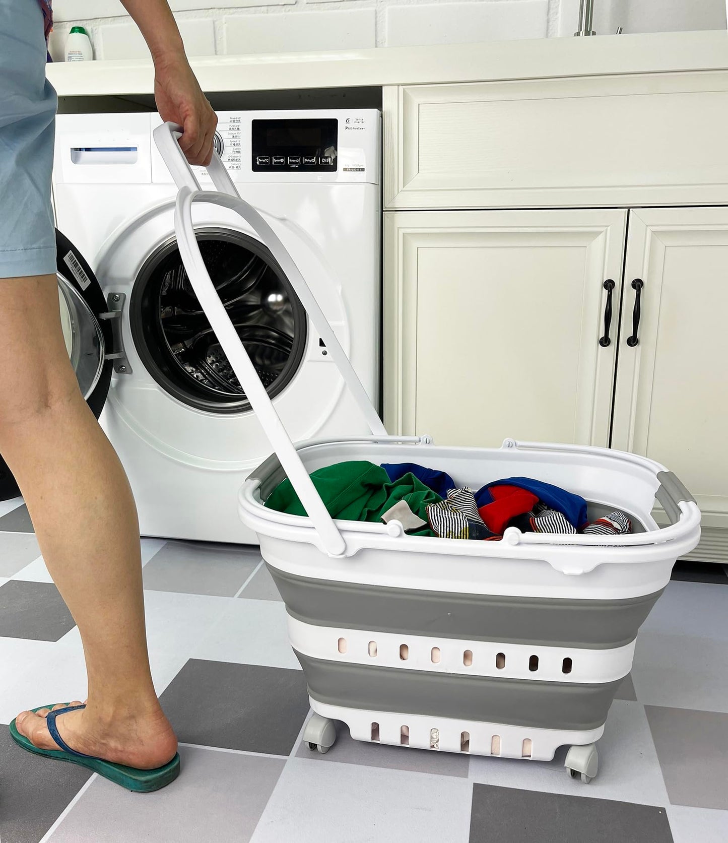 SAMMART 35L (9.24 Gallons) Collapsible Plastic Laundry Basket with Handle and Wheels - Foldable Pop Up Storage Container/Organizer with handle and wheels - Space Saving (1, White/Grey)