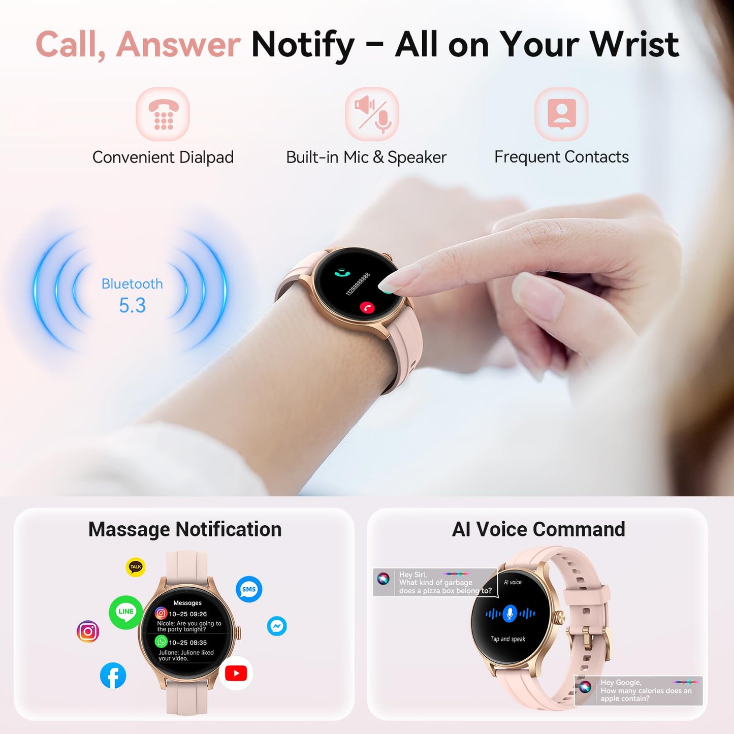 Smart Watches for Women (2 Bands), 1.27" Stylish Fitness Watch for Android iPhone with Bluetooth Calls (Make/Answer), AI Voice Command, Heart Rate/SpO2/Sleep Monitor, 7 Days Battery, IP68 Waterproof