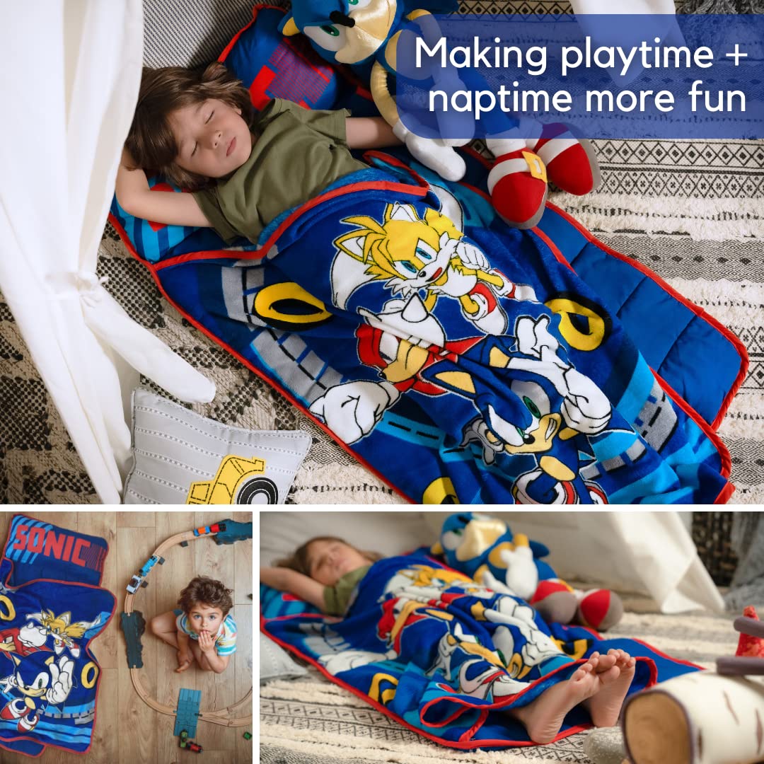 Sonic The Hedgehog 21"(W) X 45"(L) Soft Toddler Nap Mat with Pillow and Blanket Perfect for Preschool, Daycare, and Travel (100% Official Licensed Product)
