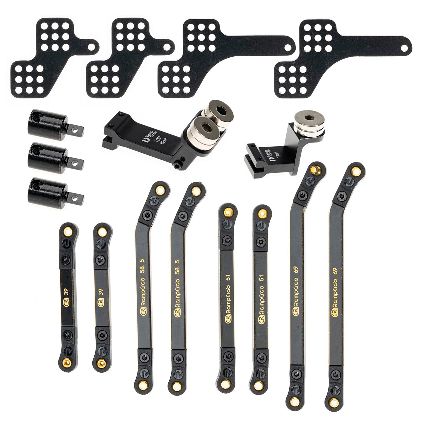 RampCrab High Clearance 4 Links Set for AX24, Front extend 6mm, Rear extend 18, Brass Links Set, Upgrade Parts for AX24 XC-1, Axial 1/24 RC Crawler Car Upgrade Accessories, 8Pcs, Black Coating