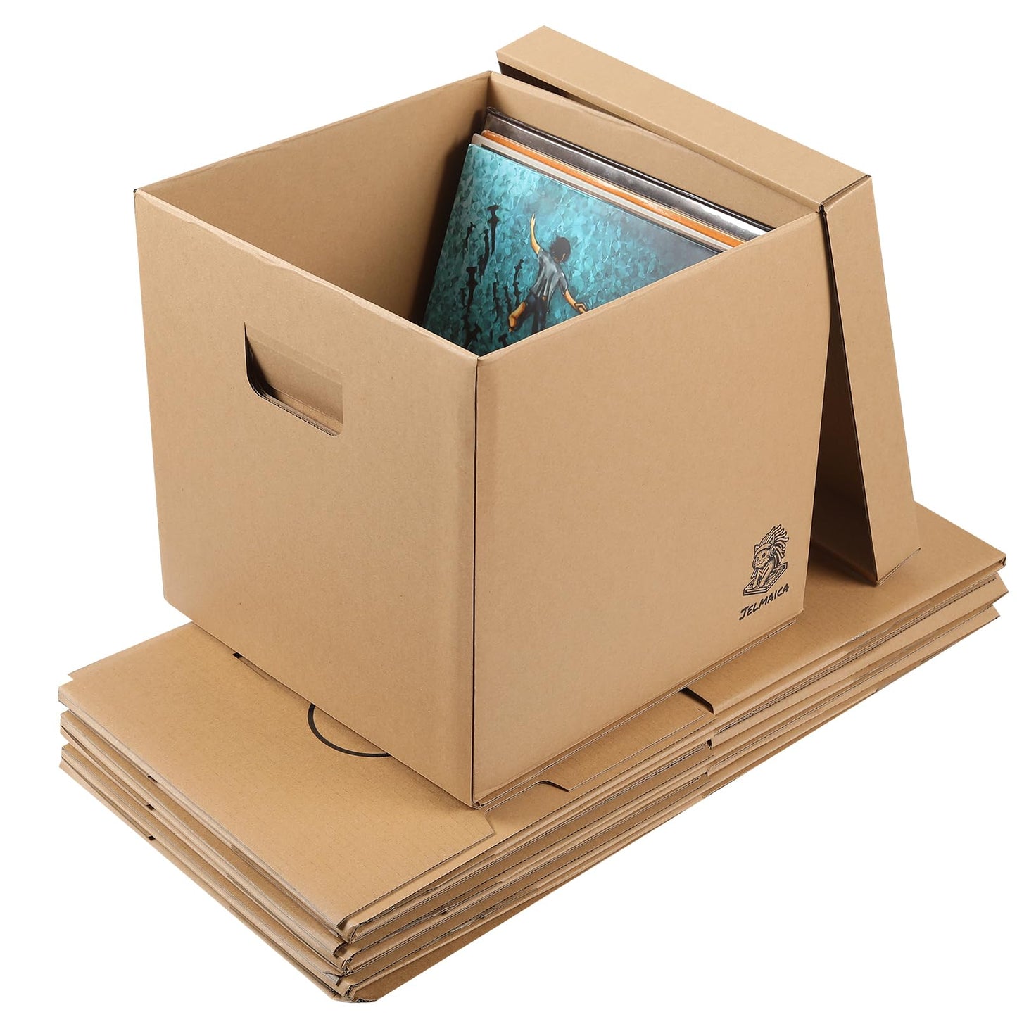 Jelmaica Vinyl Record Storage Box - Moving Box with Handles and Lids - Sturdy Cardboard Crate for Vinyl storage - Holds Up to 60 Records or LPs - Set of 4 Boxes (Kraft)