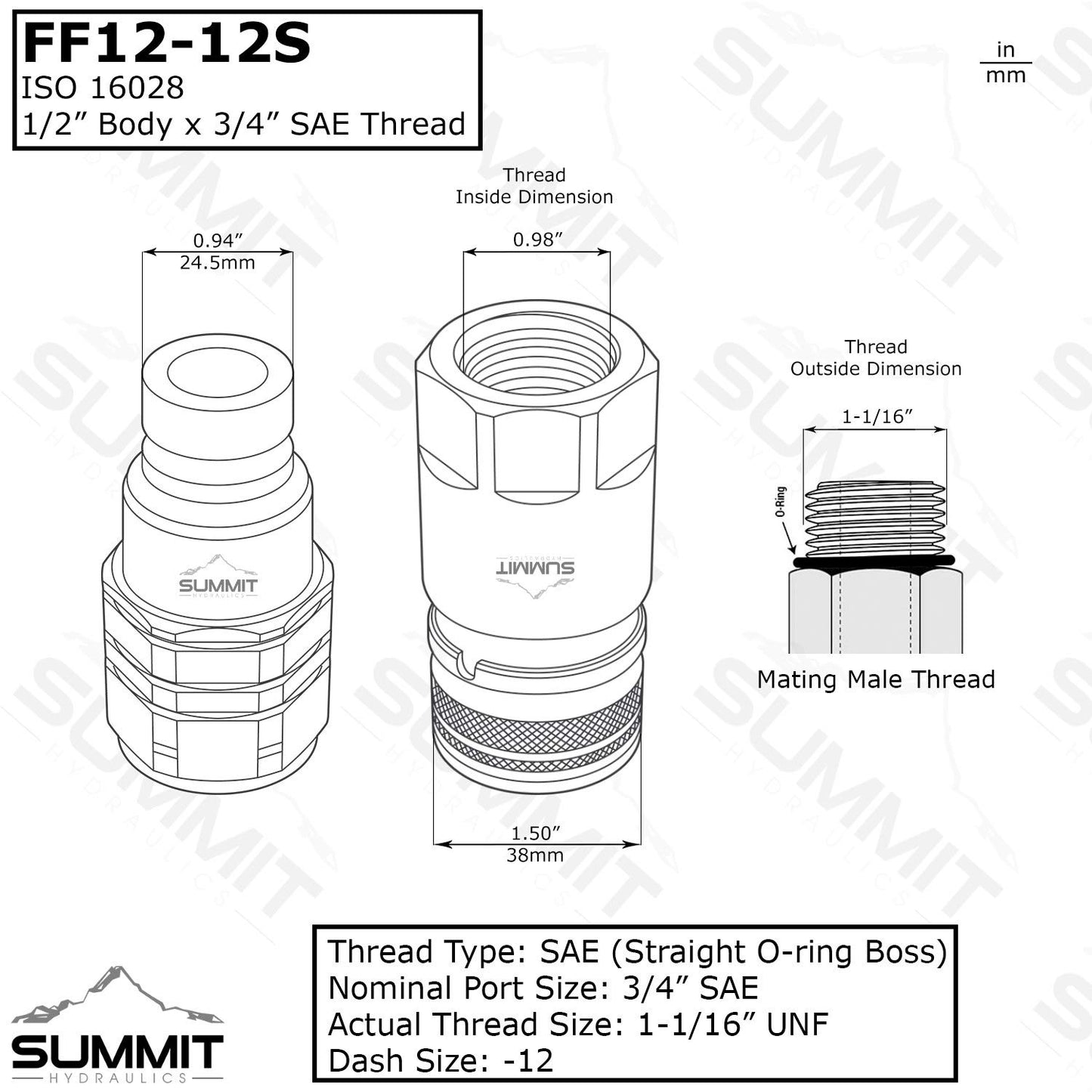 Summit Hydraulics 3/4" SAE Skid Steer Compatible with Bobcat Flat Face Hydraulic Quick Connect Couplers/Couplings Set w/Dust Caps, 2 Sets