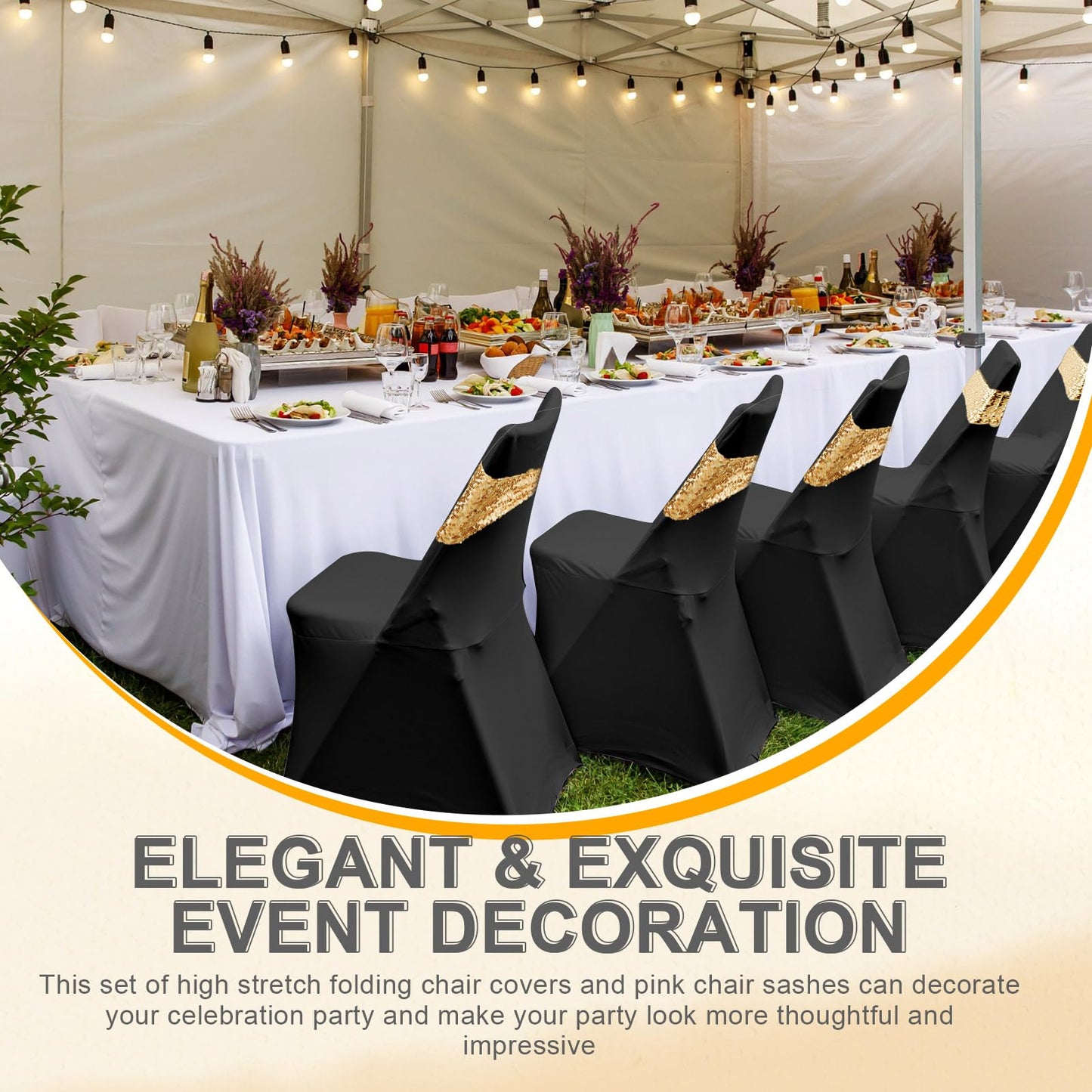 Windyun 50 Pcs Stretch Spandex Folding Chair Cover and Sequin Chair Sashes Set, 25 Double Sided Sequin Bows and 25 Universal Washable Protector for Wedding Banquet(Black, Gold)
