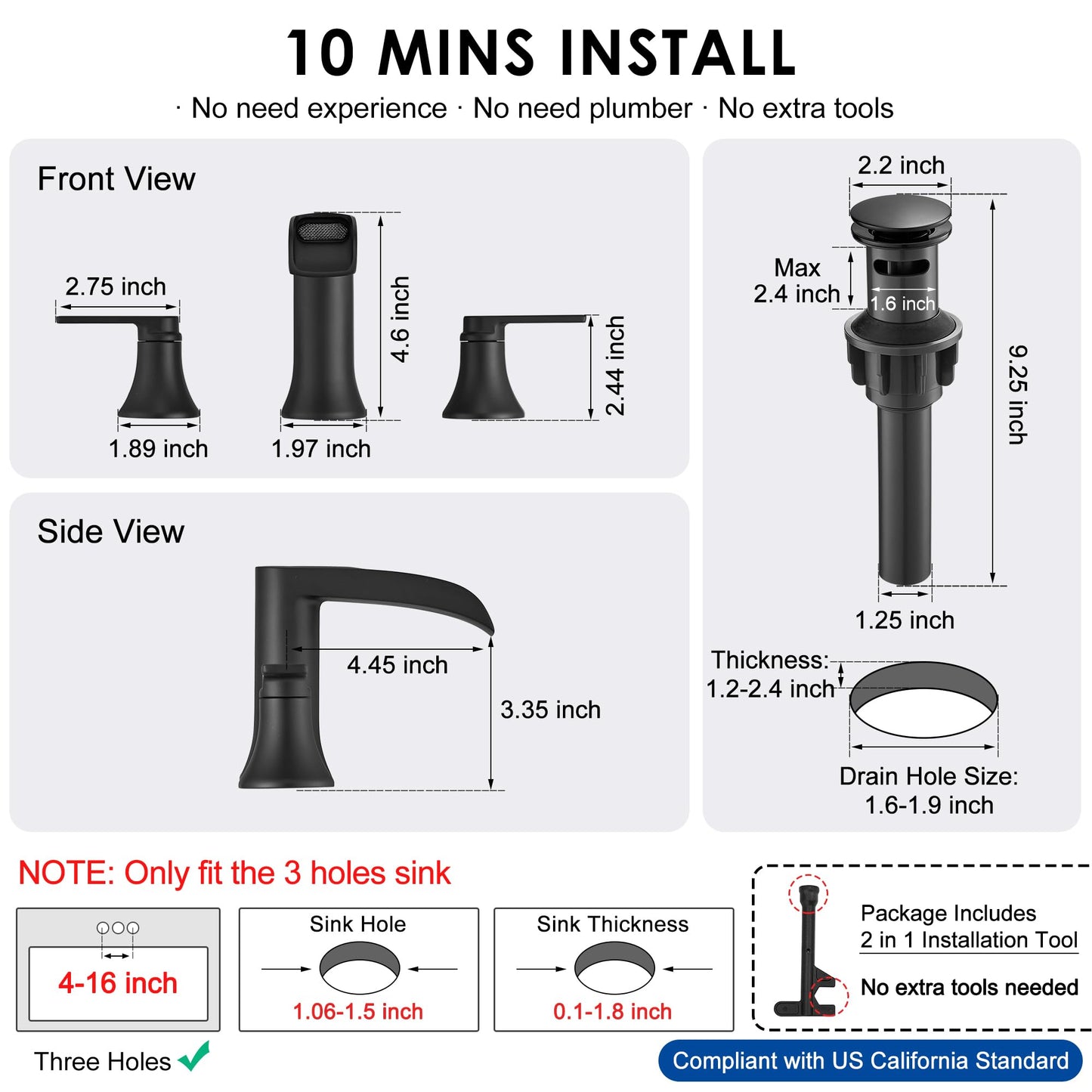 HOIGY Matte Black Widespread Bathroom Sink Faucet 3 Hole, 8 Inch Waterfall Faucet for Bathroom Sink with Pop-Up Drain and cUPC Supply Lines, 2 Handles for Vanity Lavatory Restroom, Brass Material