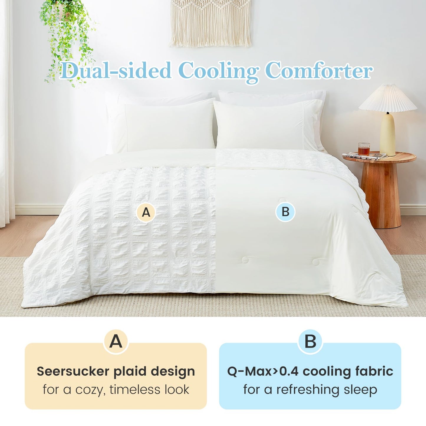 Cozy Bliss Cooling Comforter Queen Size Seersucker Plaid, Q-Max 0.4 Reversible Lightweight Cooling Blanket, Breathable Silk Smooth Summer Bedding Quilt for Hot Sleepers Night Sweats White