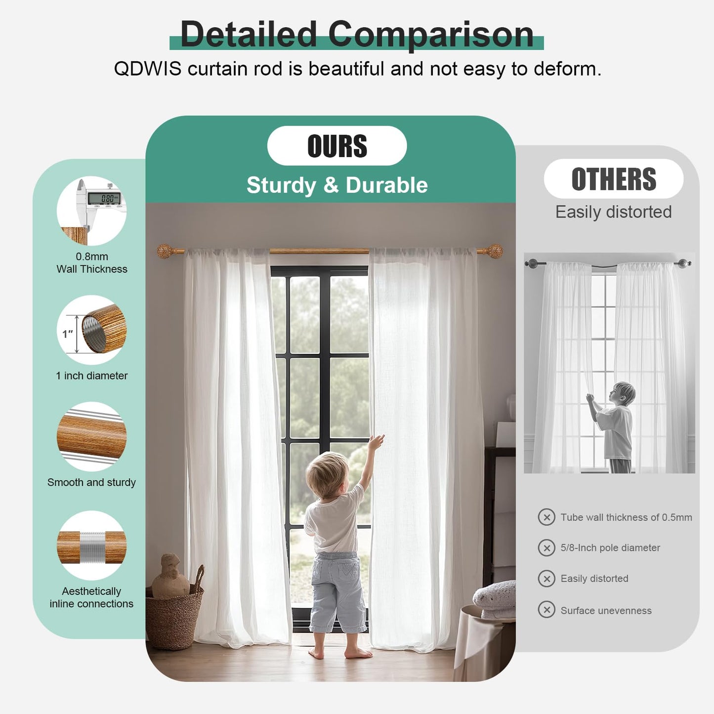 QDWIS Wood Curtain Rods for Windows 66 to 120 Inch, 1'' Adjustable Decorative Drapery Rods with Imitation Wood Grain Leaf Pattern Finials, Boho Heavy Duty Long Window Curtain Rods Set 36''-120''