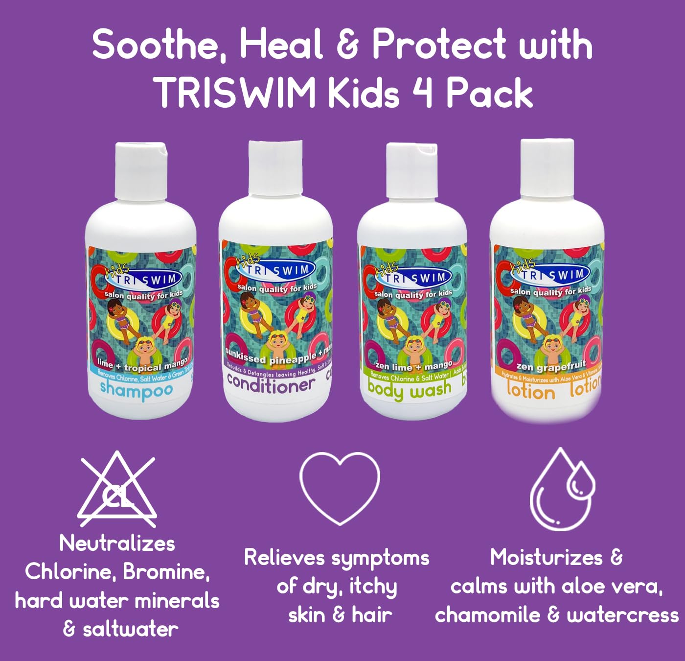 TRISWIM Kids After Swim Value Pack of 4 Travel Mesh Bag + Swim Care Chlorine Removal Body Wash + Swimming Lotion + Swim Shampoo and Conditioner 8.5 fl oz Keep your Little Swimmers Clean and Healthy