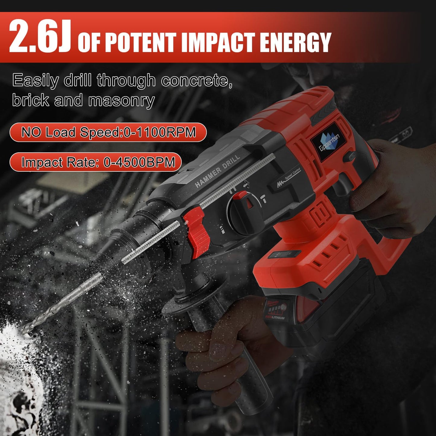 Gpaentsn Cordless Rotary Hammer Drill (Tool Only) Compatible with Milwaukee M18 | 2.6J Impact | SDS-Plus Chuck | 4-Mode | Brushless Motor (Battery not Included)