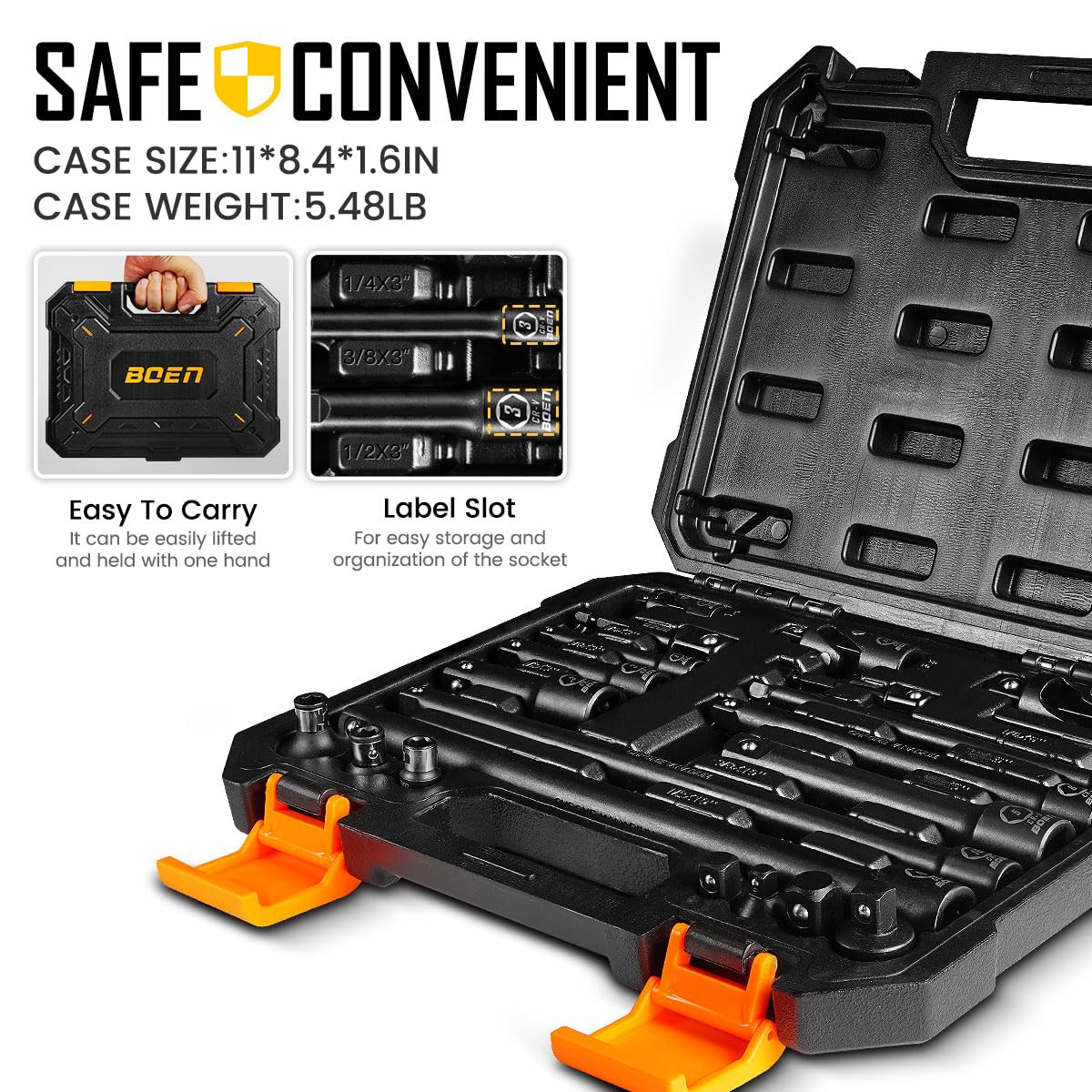 BOEN 21 Piece 1/4" & 3/8" & 1/2" Drive Tool Accessory Set, Includes Socket Adapters, Extension Bars, Swivel Universal Joints, Impact Bit Holders and 1/4" Hex Shank
