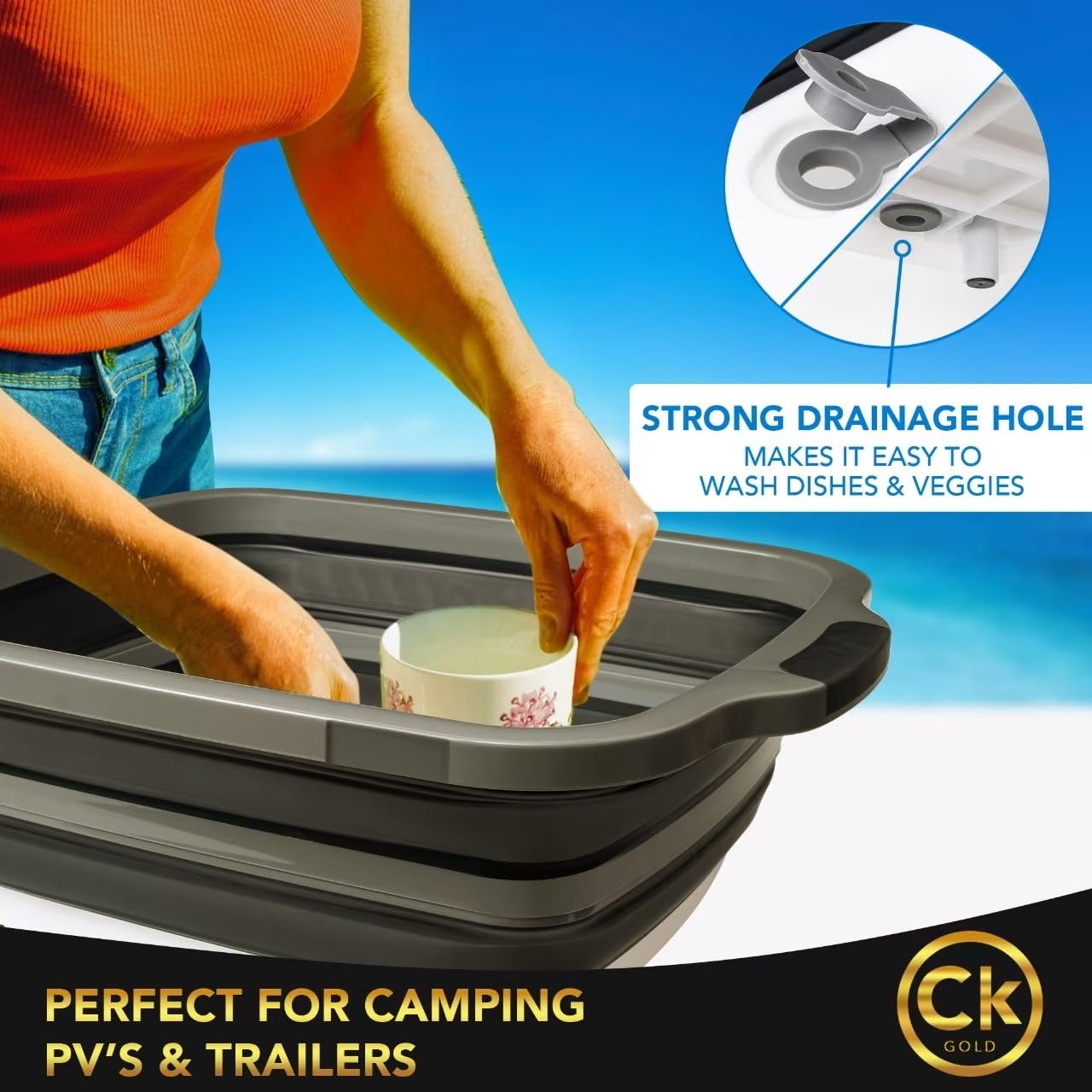 CK GOLD New XL Collapsible BBQ Prep Tub with LOCKING Lid, Cutting Board & Drain Hole | BPA-Free, Food-Grade, Space-Saving Prep Tubs for Marinating, Grilling, Camping & Outdoor Cooking (Black, 16L)