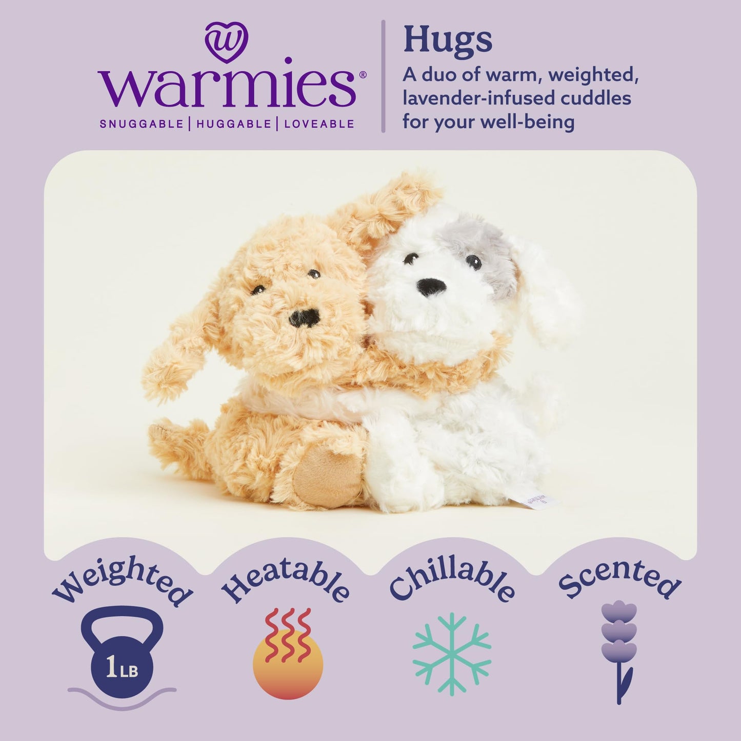 warmies Hugs Duo, Microwavable & Weighted Stuffed Animals, Puppy - Heated Stuffed Animal Plushie for Warmth & Comfort - Cute Soft Plush Toys for Adults & Children (Boys, Girls, Babies & Toddlers)