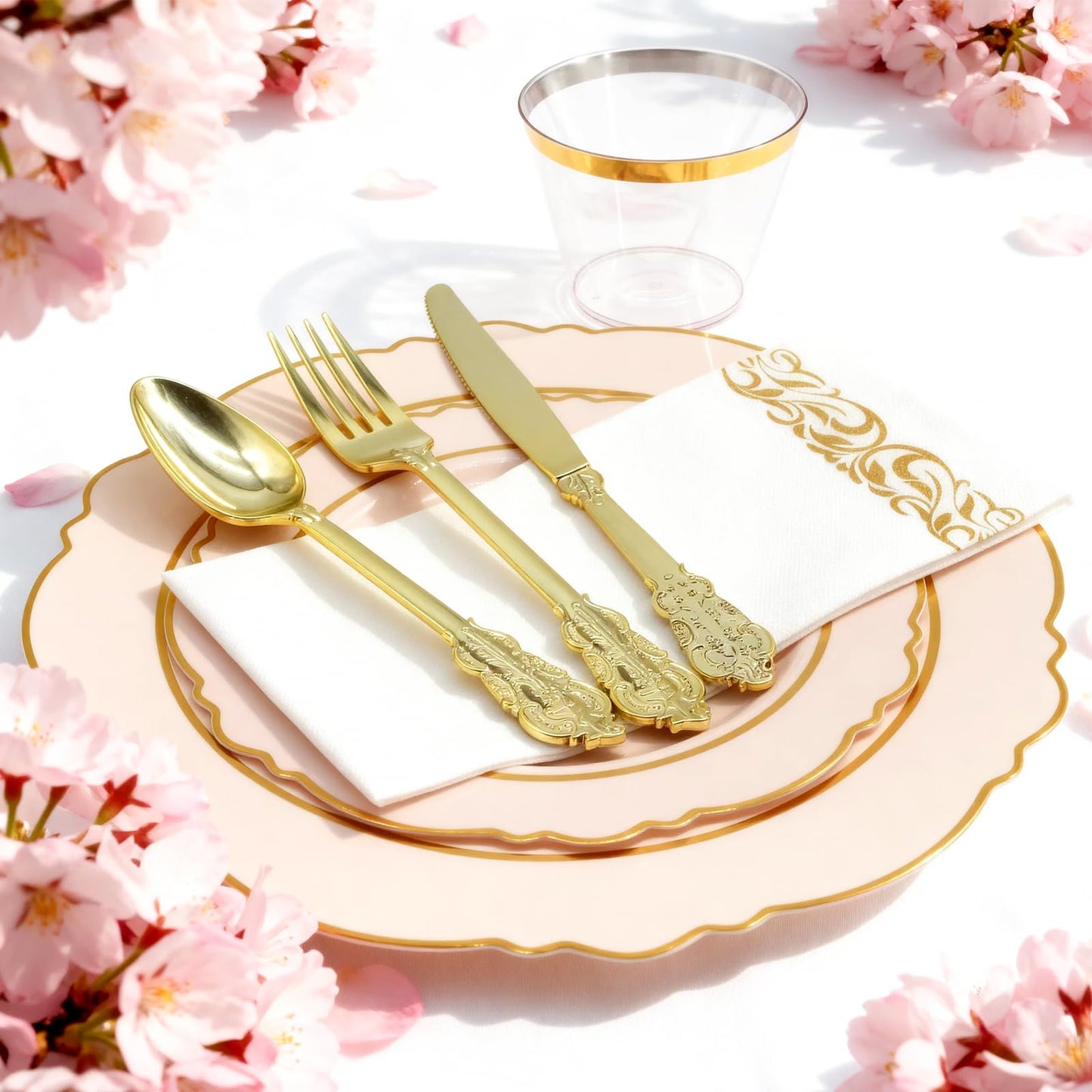 AIRE 175PCS Pink Gold Plastic Plates for Party, Dinnerware Sets for 25 Guests, Disposable Plastic Party Supplies Plates Cups Spoons Forks Knives Napkins for Wedding Birthday Baby Shower BBQ Parties