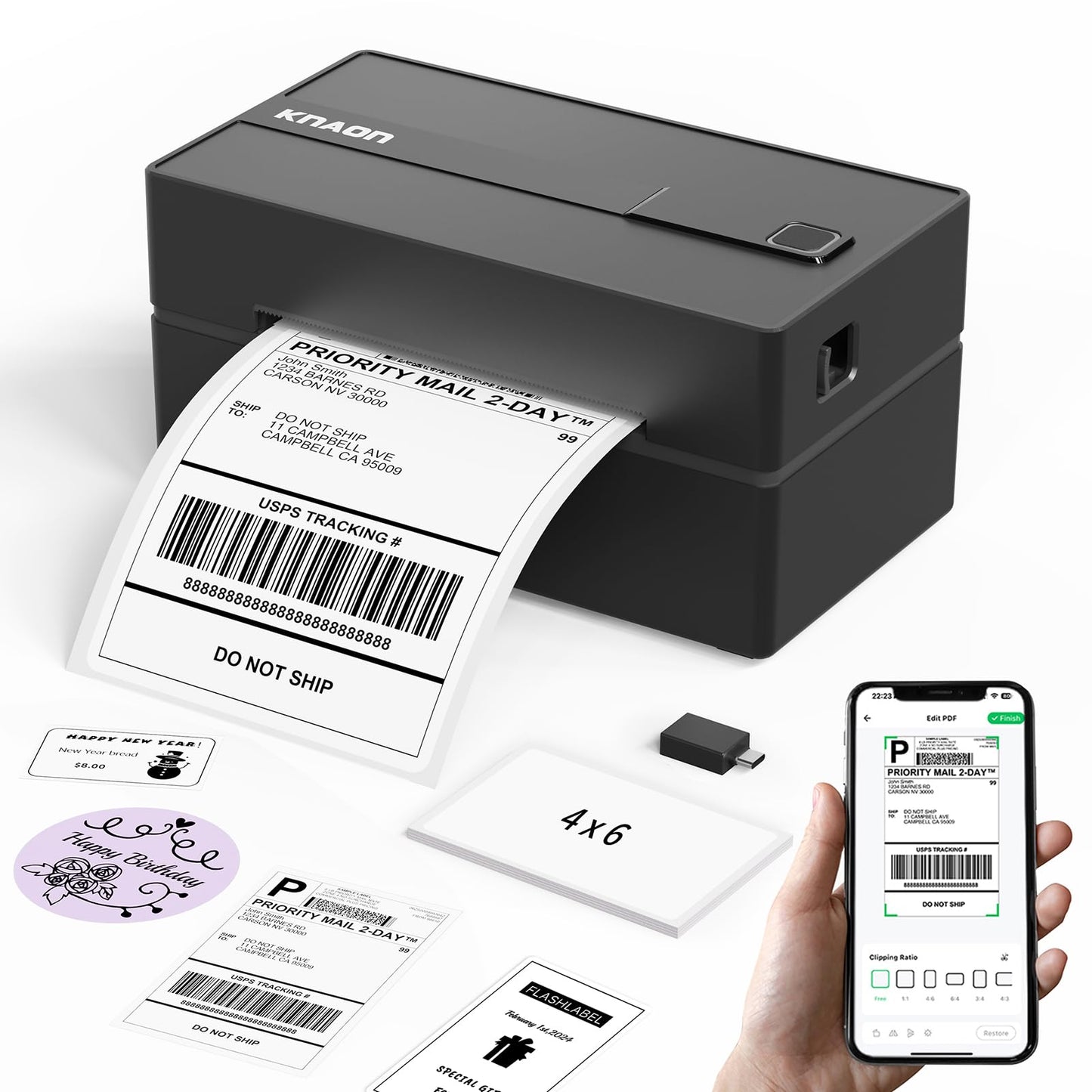 KNAON Bluetooth Thermal Shipping Label Printer, 4x6 Portable Thermal Address Label Printer for Small Business, Compatible with iPhone,Android,Windows,Mac,–Works with Ebay Shopify USPS&More, Black