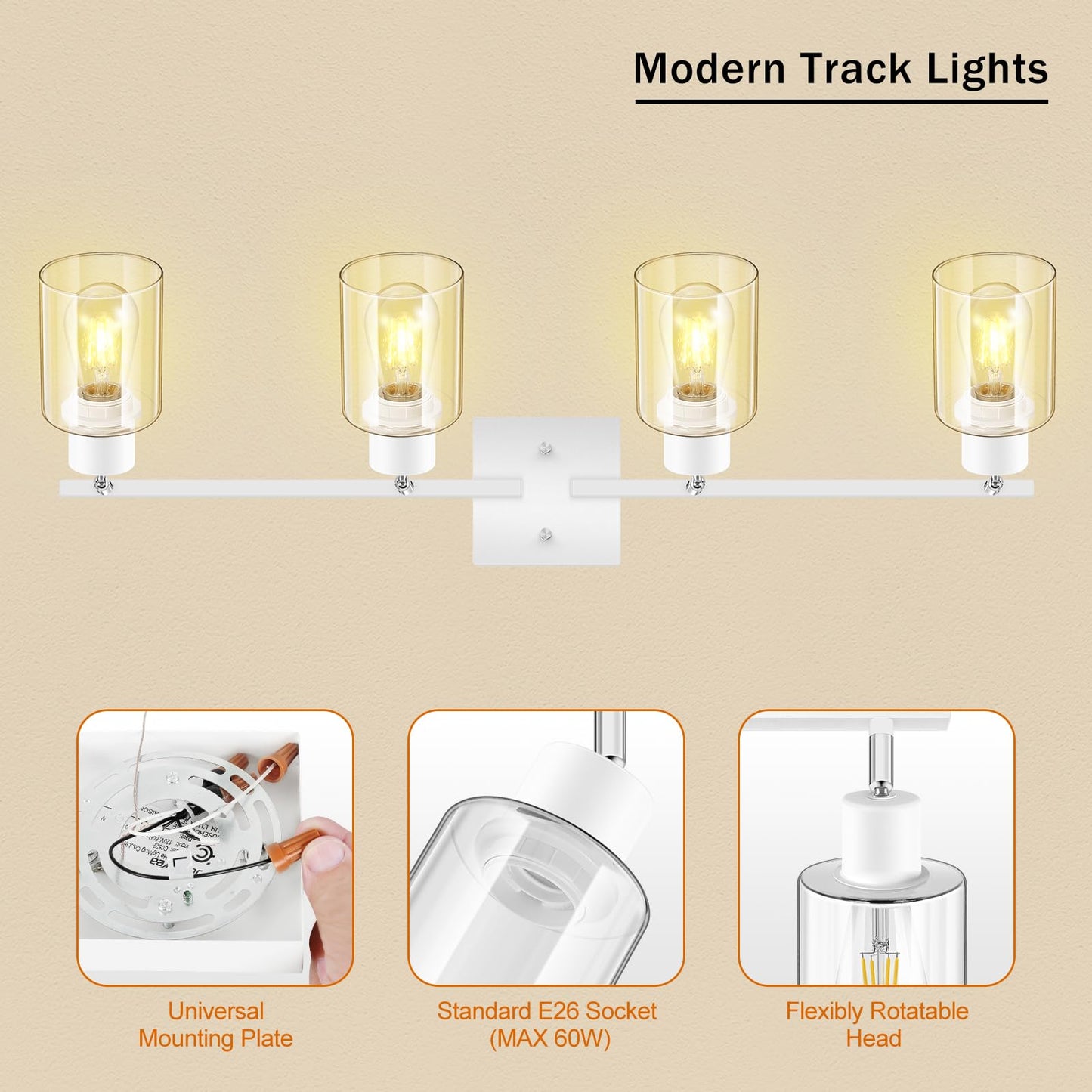 Track Lighting, LED Track Light Fixtures Ceiling Kitchen, 30" 4 Way Ceiling Lights with Clear Glass Shade, Wall Light Fixture with Rotatable Head, White Home Decor for Bathroom Vanity(E26, NO Bulb)