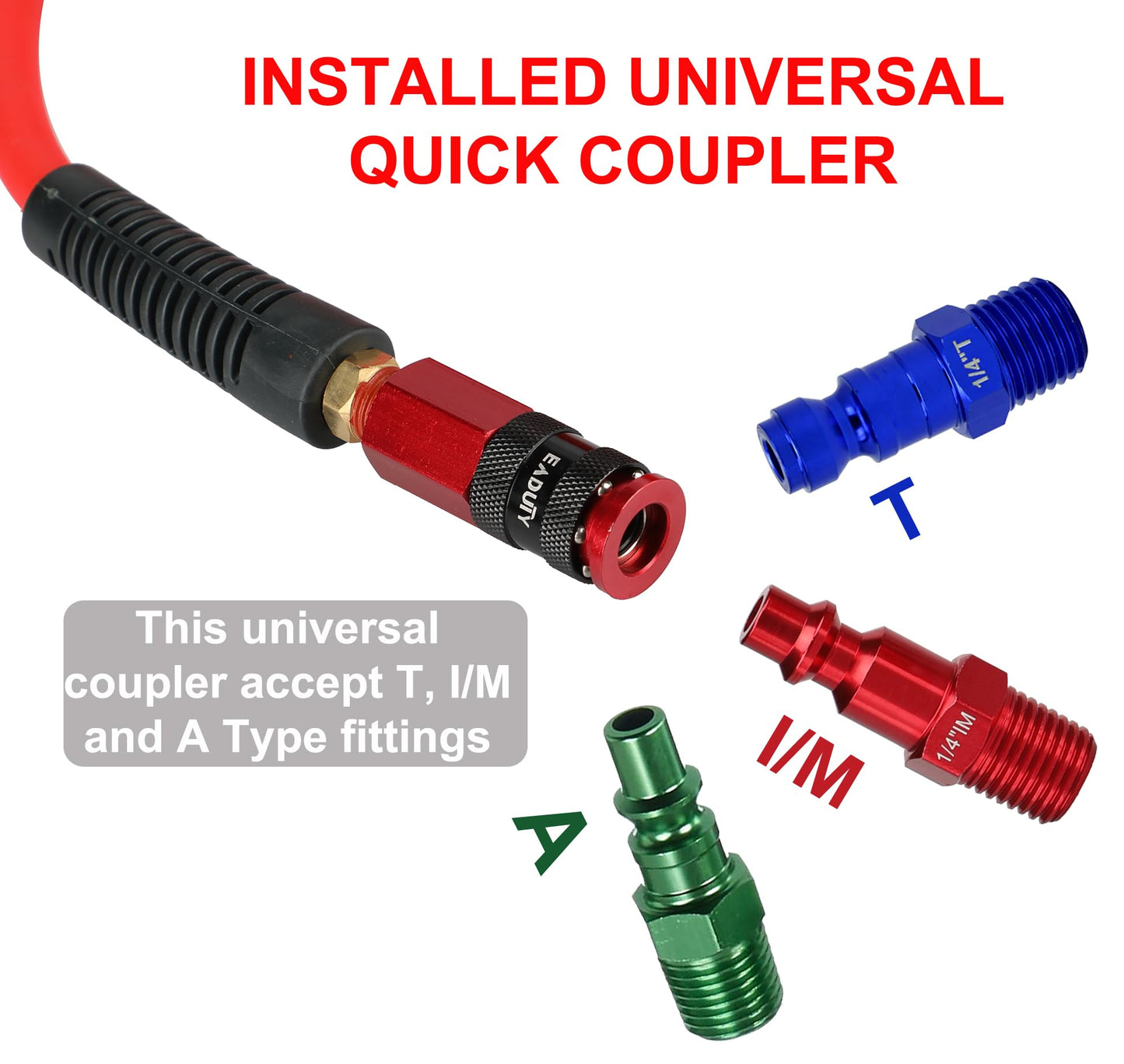 EADUTY Heavy Duty Reinforced Polyurethane Air Hose 1/4 in x 100 ft, Lightweight, Flexible Compressor Hose with Universal Quick Coupler, Plug and Bend Restrictors, Red